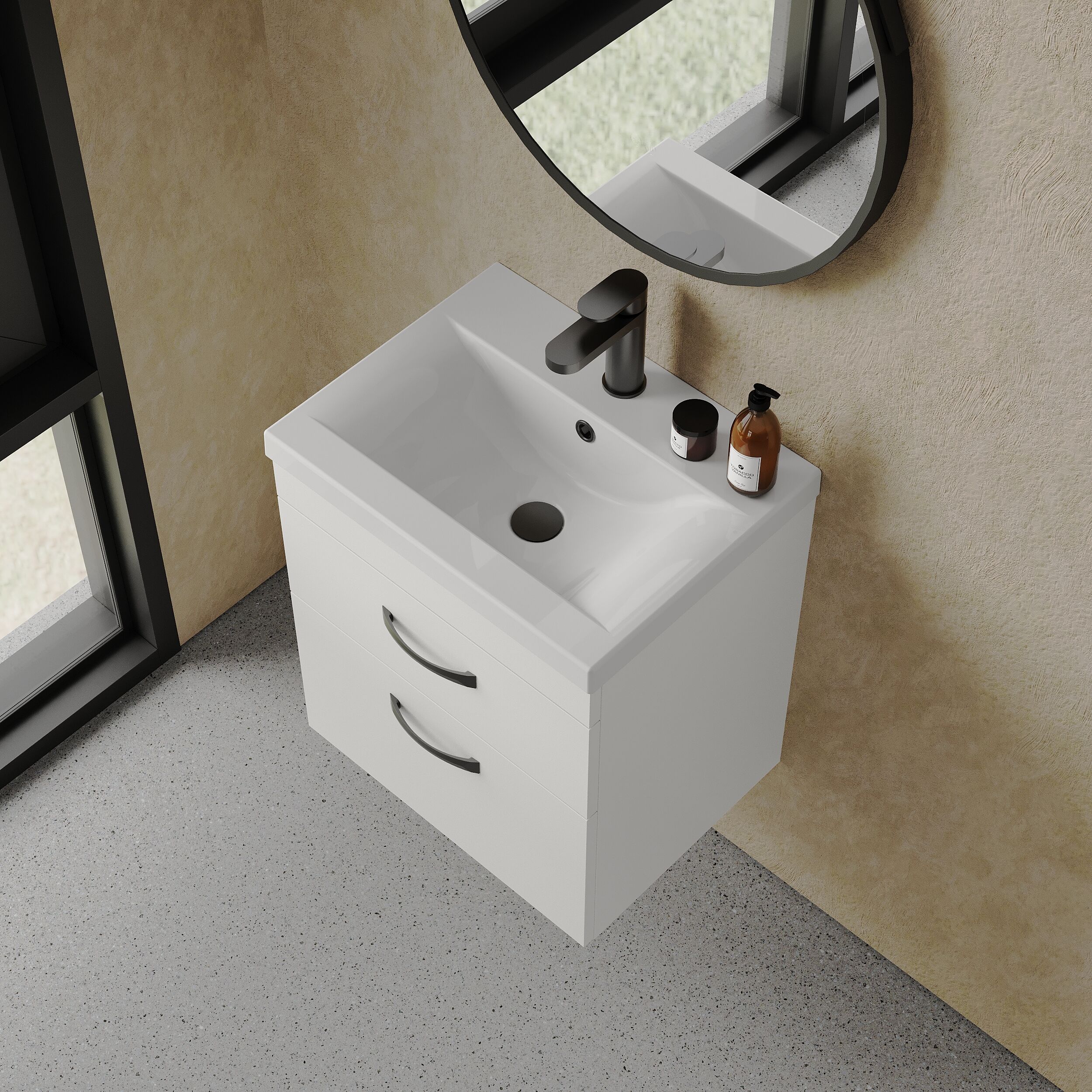 Rio 2 Drawer Wall Hung Vanity Basin Unit - 500mm - Gloss White with Black D-shaped handles (Tap Not Included) - Balterley - Image 3