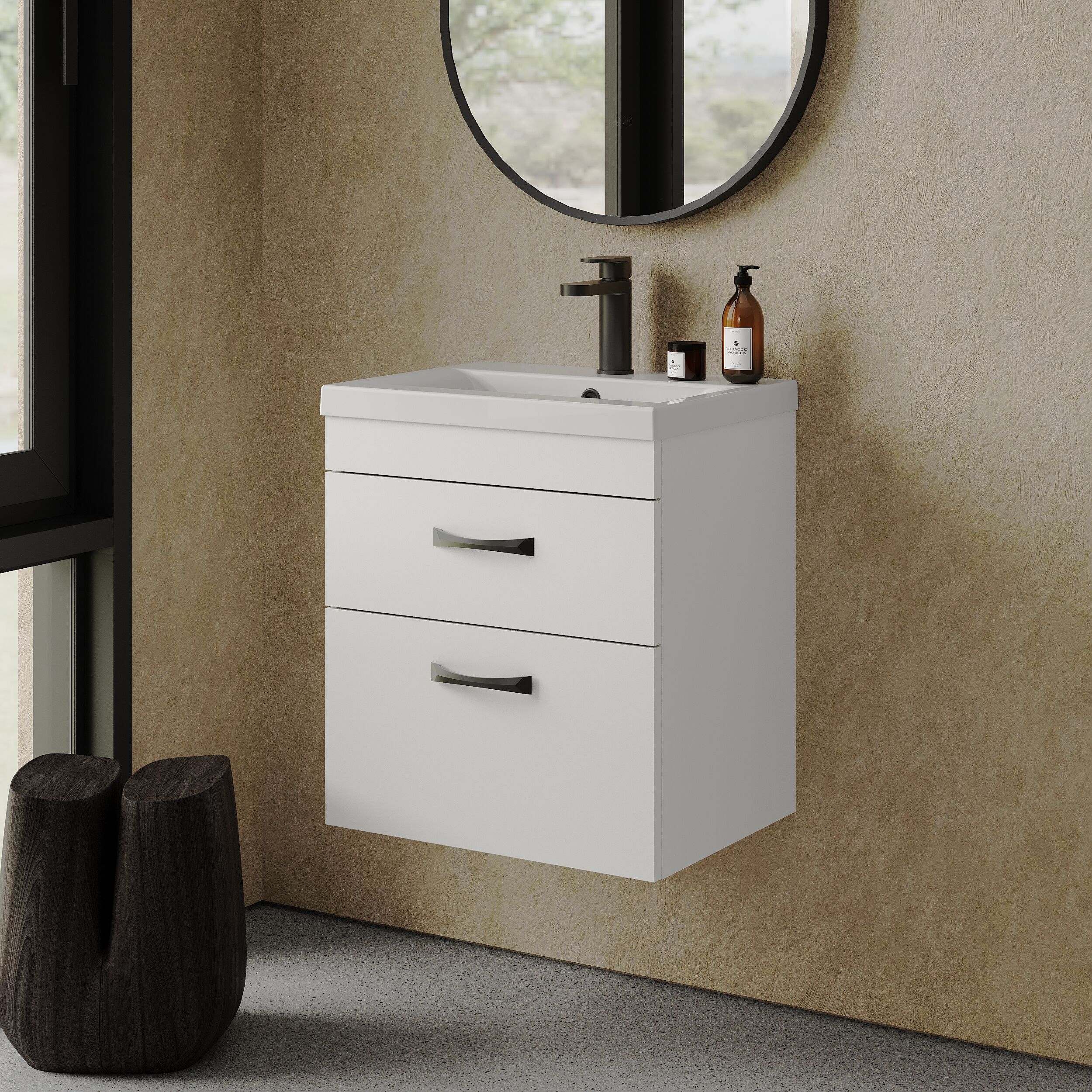 Rio 2 Drawer Wall Hung Vanity Basin Unit - 500mm - Gloss White with Black D-shaped handles (Tap Not Included) - Balterley - Image 4
