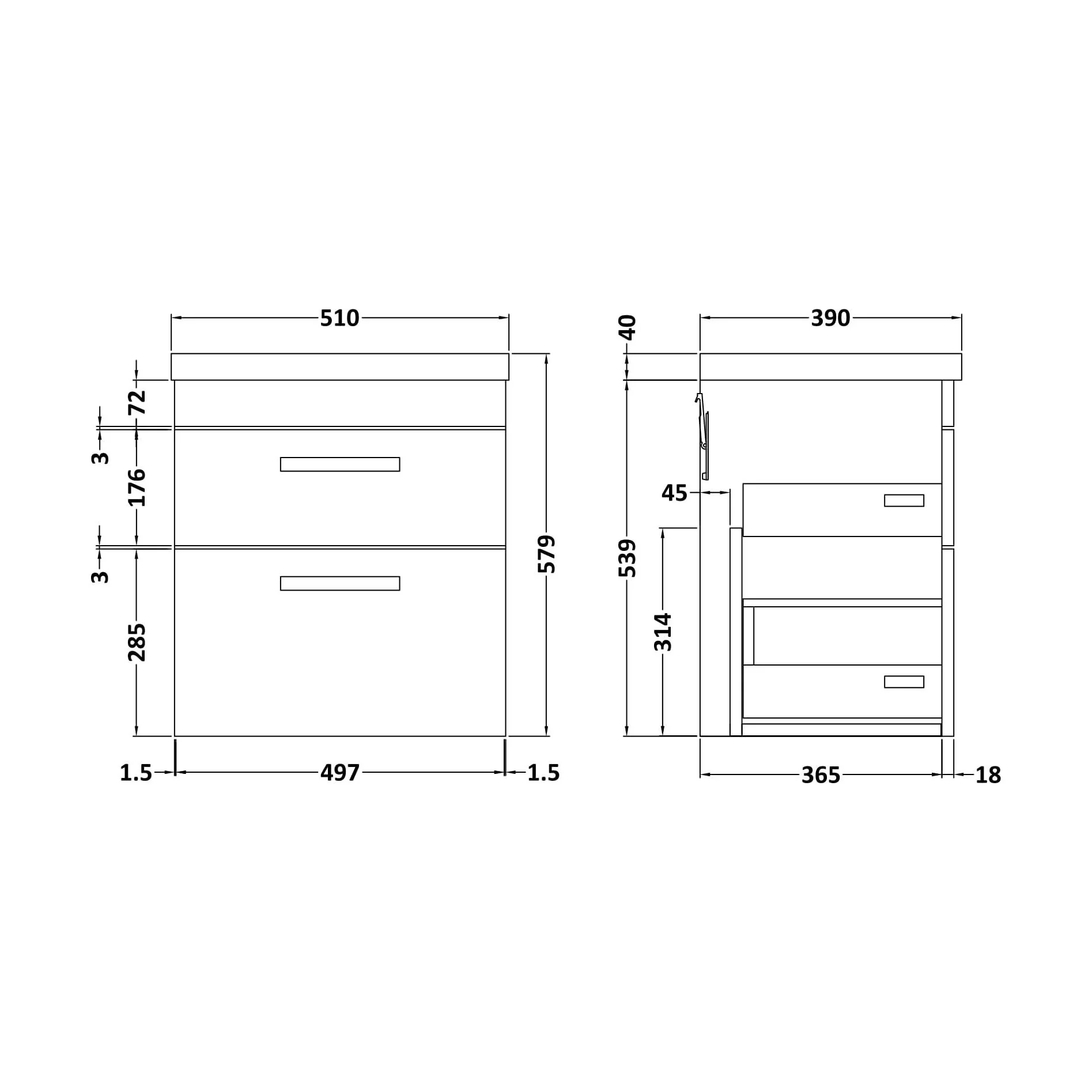 Rio 2 Drawer Wall Hung Vanity Basin Unit - 500mm - Gloss White with Black D-shaped handles (Tap Not Included) - Balterley - Image 5