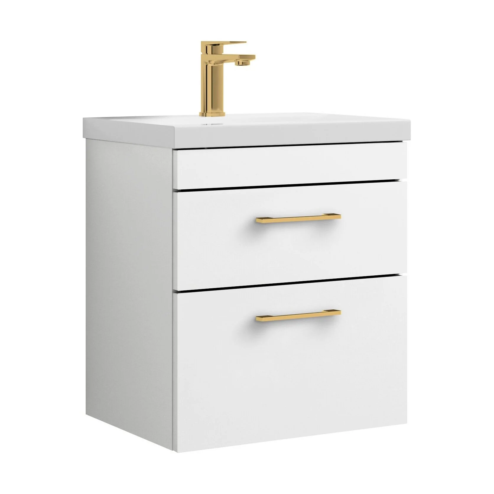 Rio 2 Drawer Wall Hung Vanity Basin Unit - 500mm - Gloss White with Brushed Brass D-shaped handles (Tap Not Included)