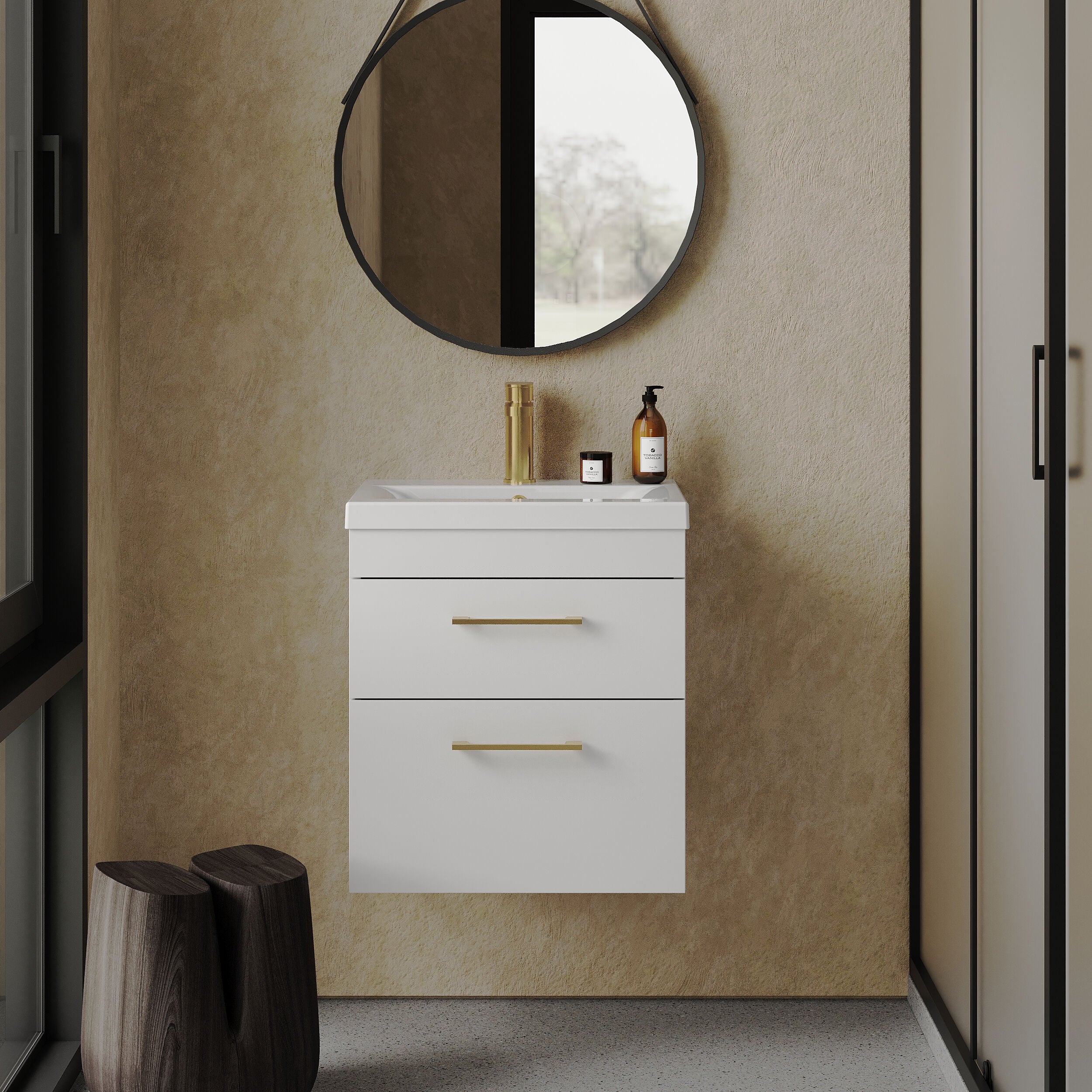 Rio 2 Drawer Wall Hung Vanity Basin Unit - 500mm - Gloss White with Brushed Brass D-shaped handles (Tap Not Included) - Image 2