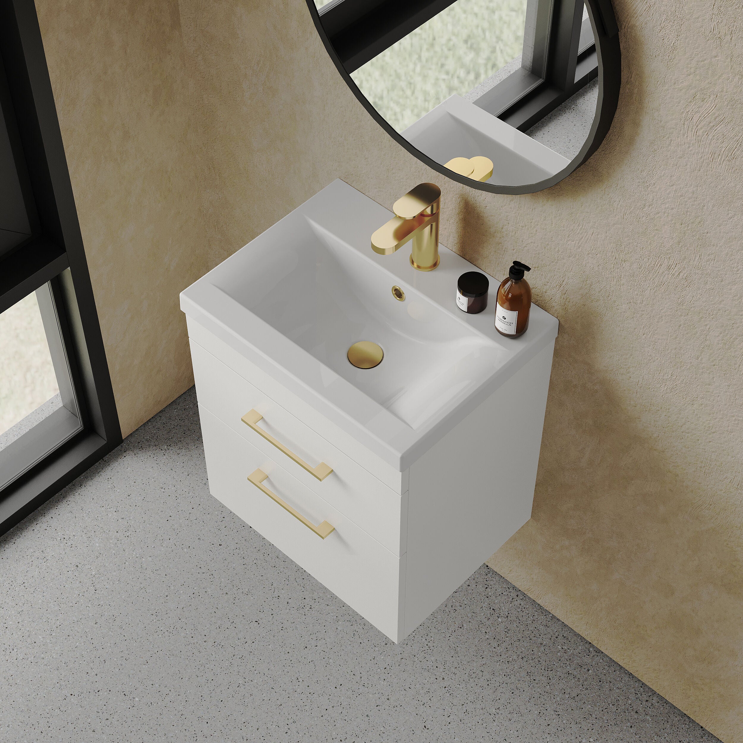 Rio 2 Drawer Wall Hung Vanity Basin Unit - 500mm - Gloss White with Brushed Brass D-shaped handles (Tap Not Included) - Image 3