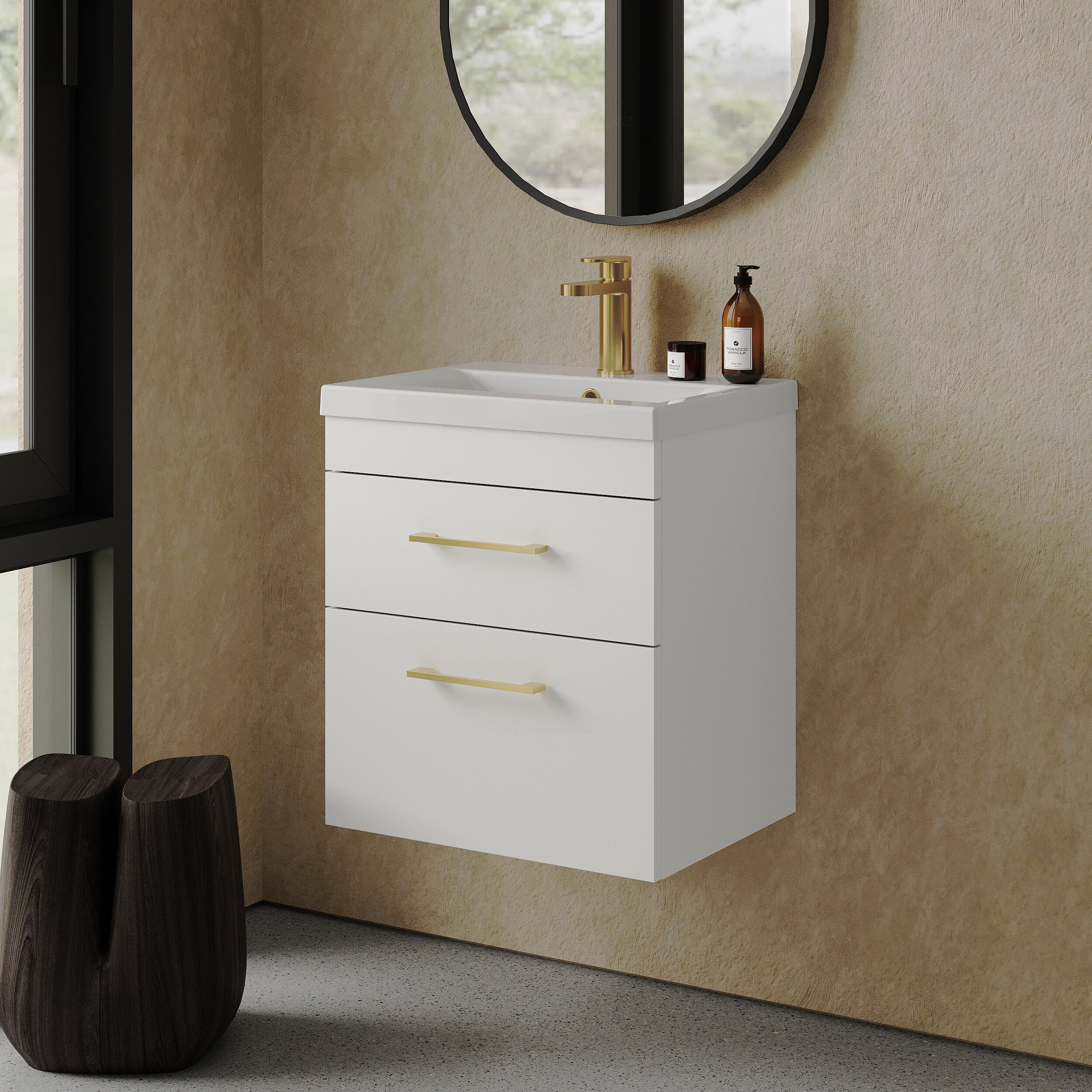 Rio 2 Drawer Wall Hung Vanity Basin Unit - 500mm - Gloss White with Brushed Brass D-shaped handles (Tap Not Included) - Image 4