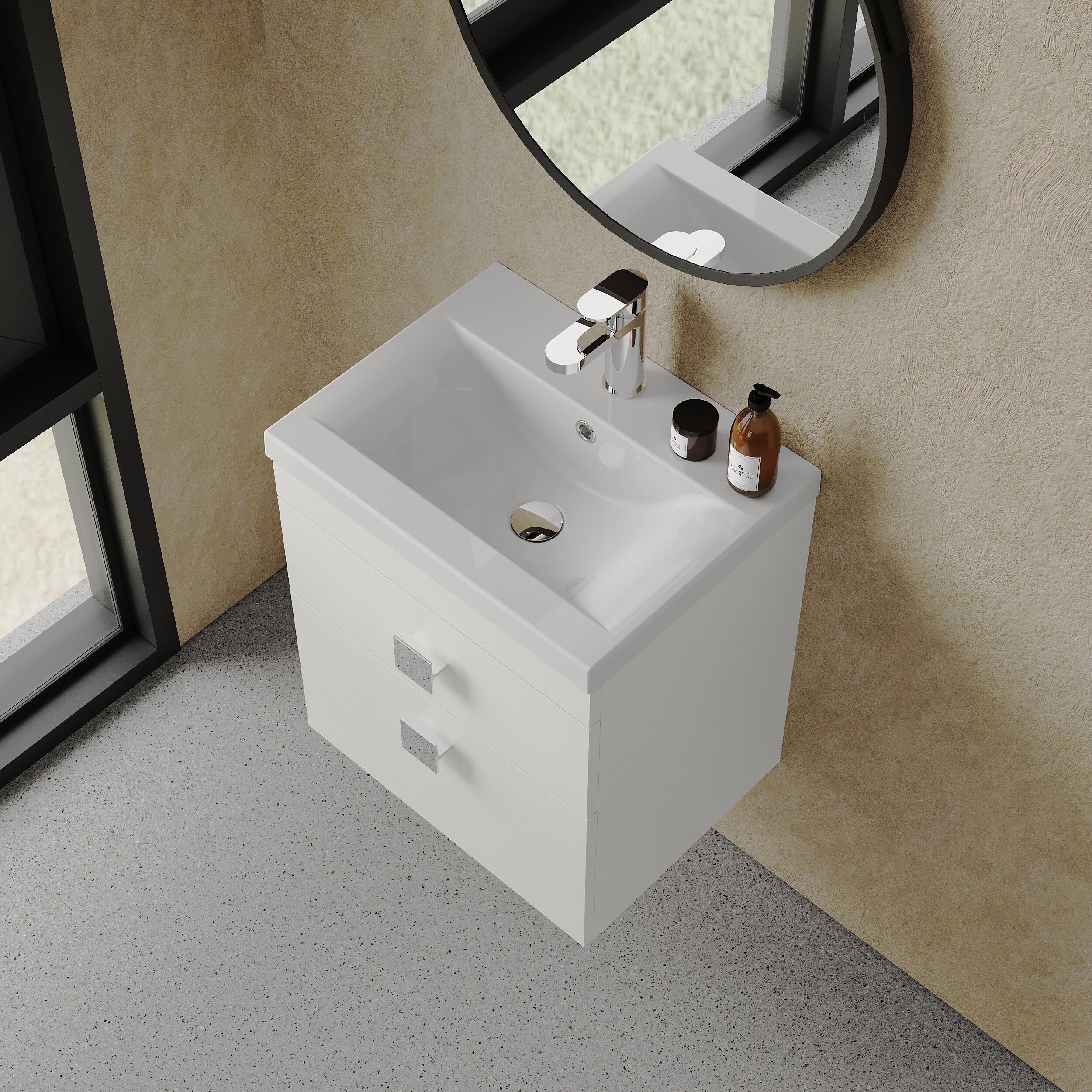 Rio 2 Drawer Wall Hung Vanity Basin Unit - 500mm - Gloss White with Chrome Square Handles (Tap Not Included) - Image 3