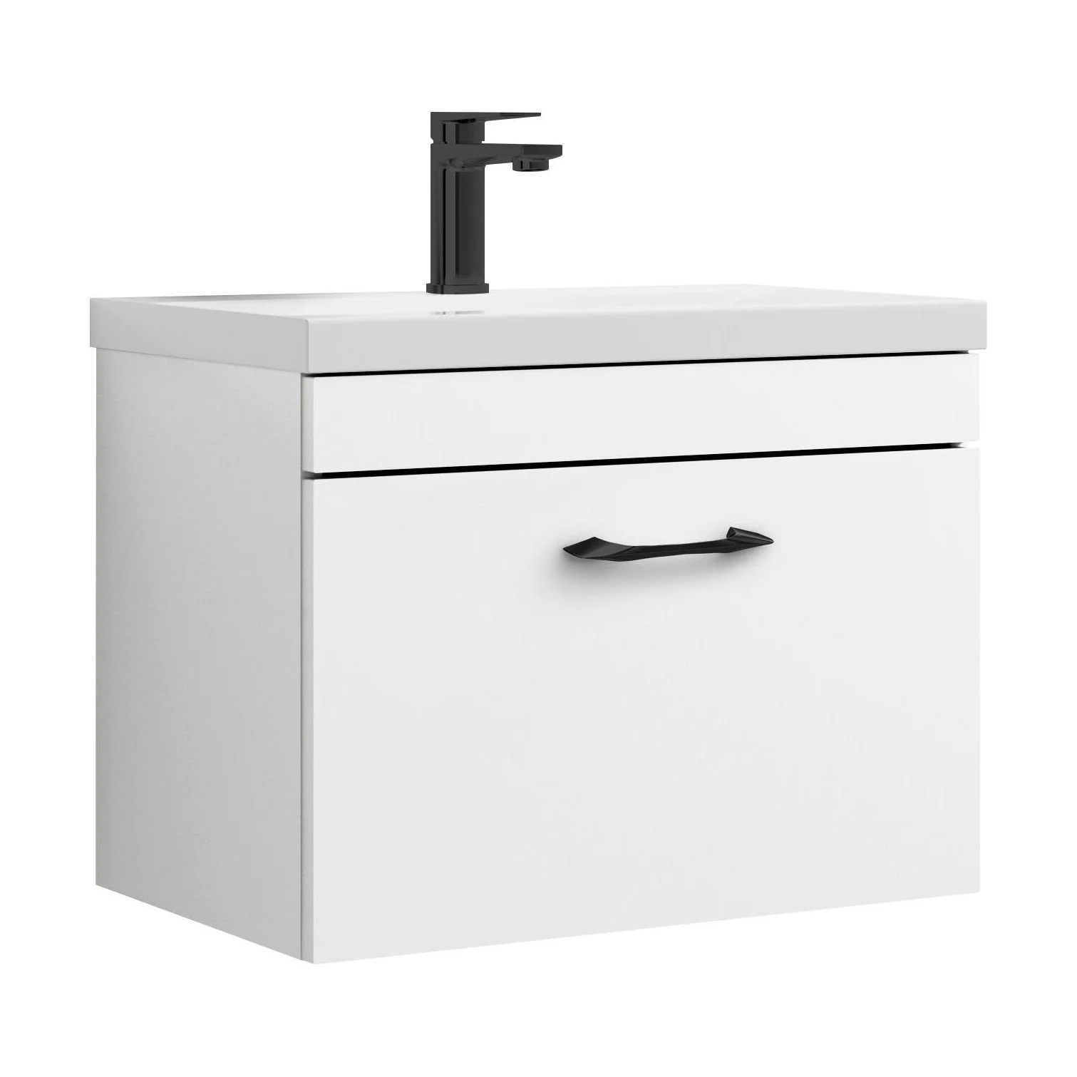 Rio 1 Drawer Wall Hung Vanity Basin Unit - 600mm - Gloss White with Black D-shaped handle (Tap Not Included) - Balterley