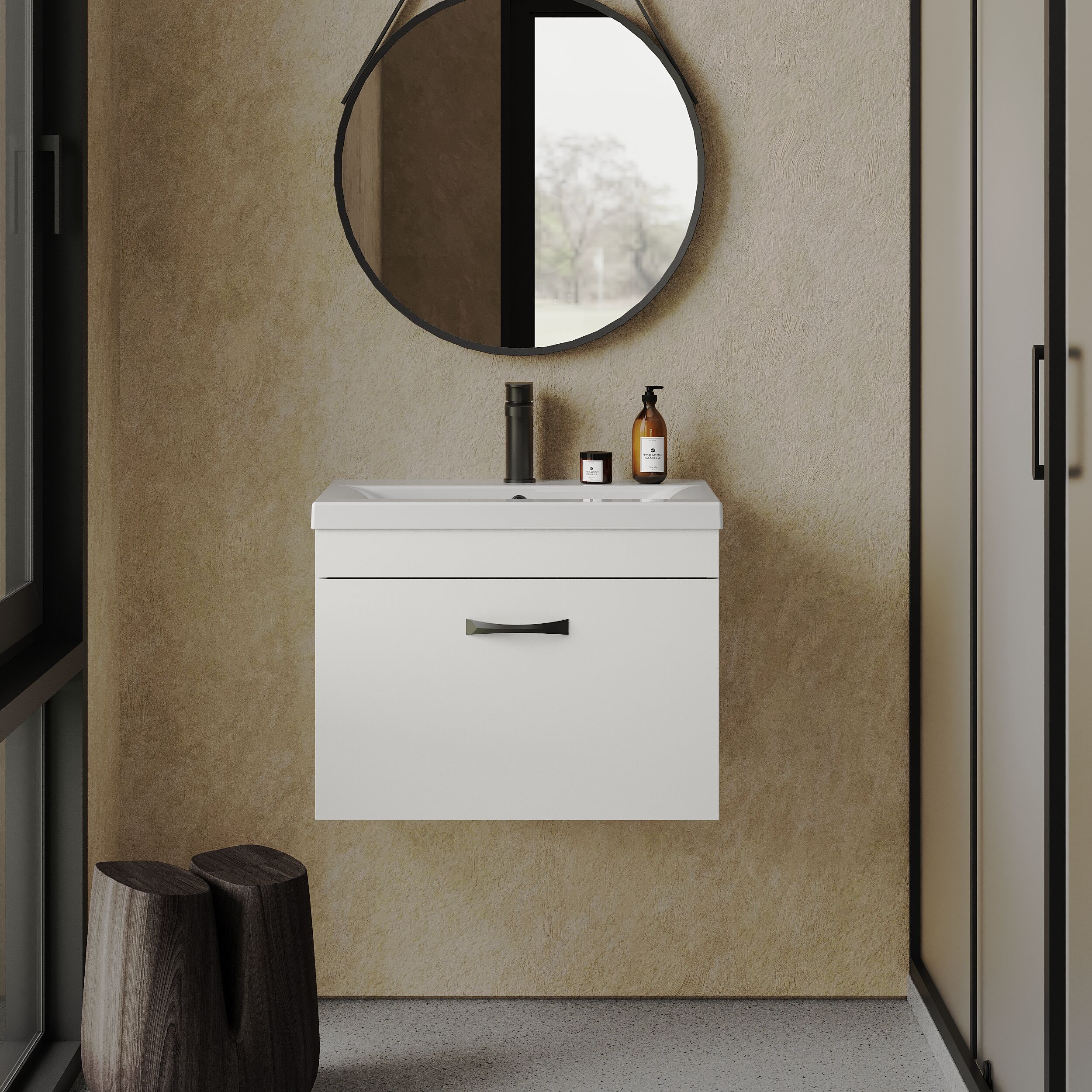Rio 1 Drawer Wall Hung Vanity Basin Unit - 600mm - Gloss White with Black D-shaped handle (Tap Not Included) - Balterley - Image 2