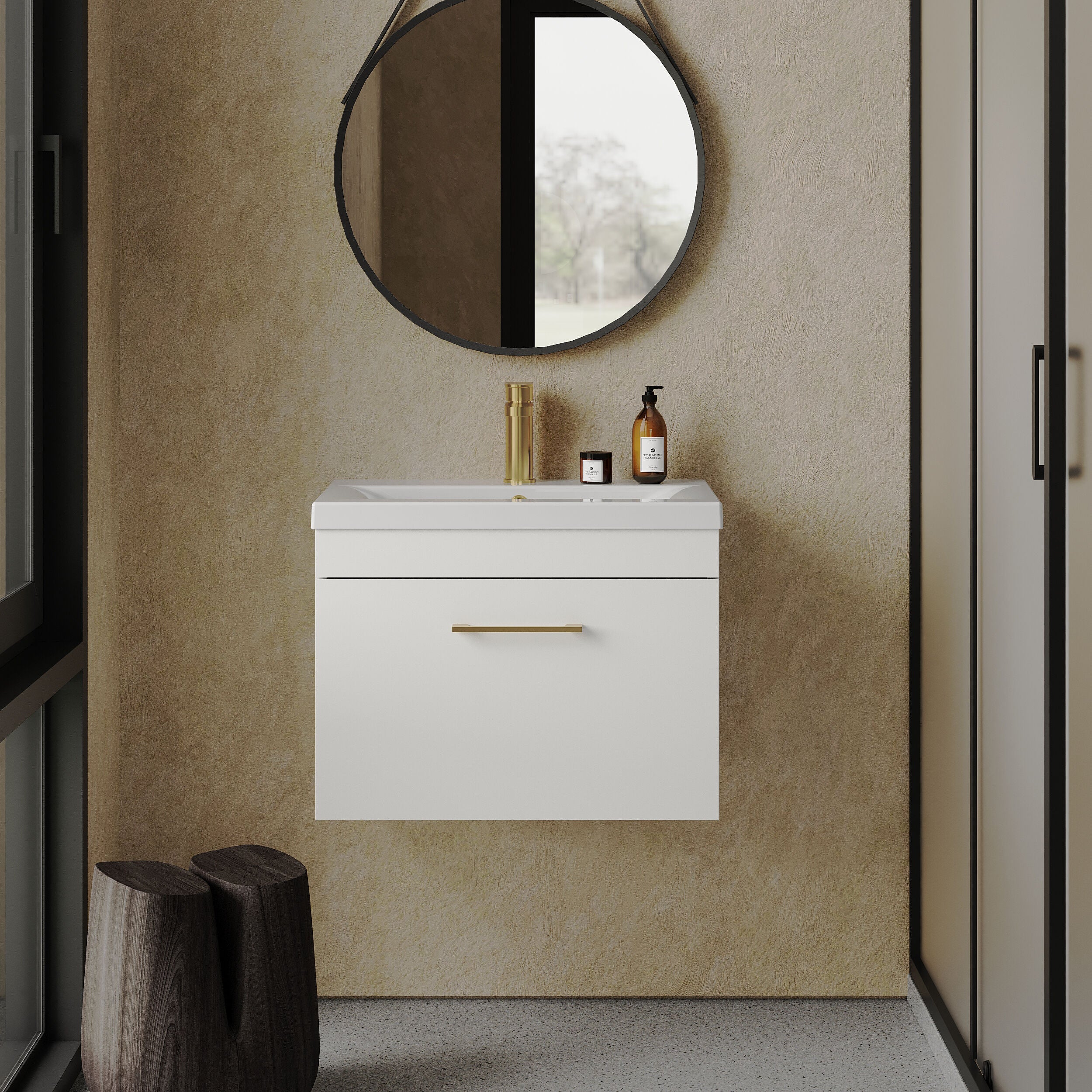 Rio 1 Drawer Wall Hung Vanity Basin Unit - 600mm - Gloss White with Brushed Brass D-shaped handle (Tap Not Included) - Image 2