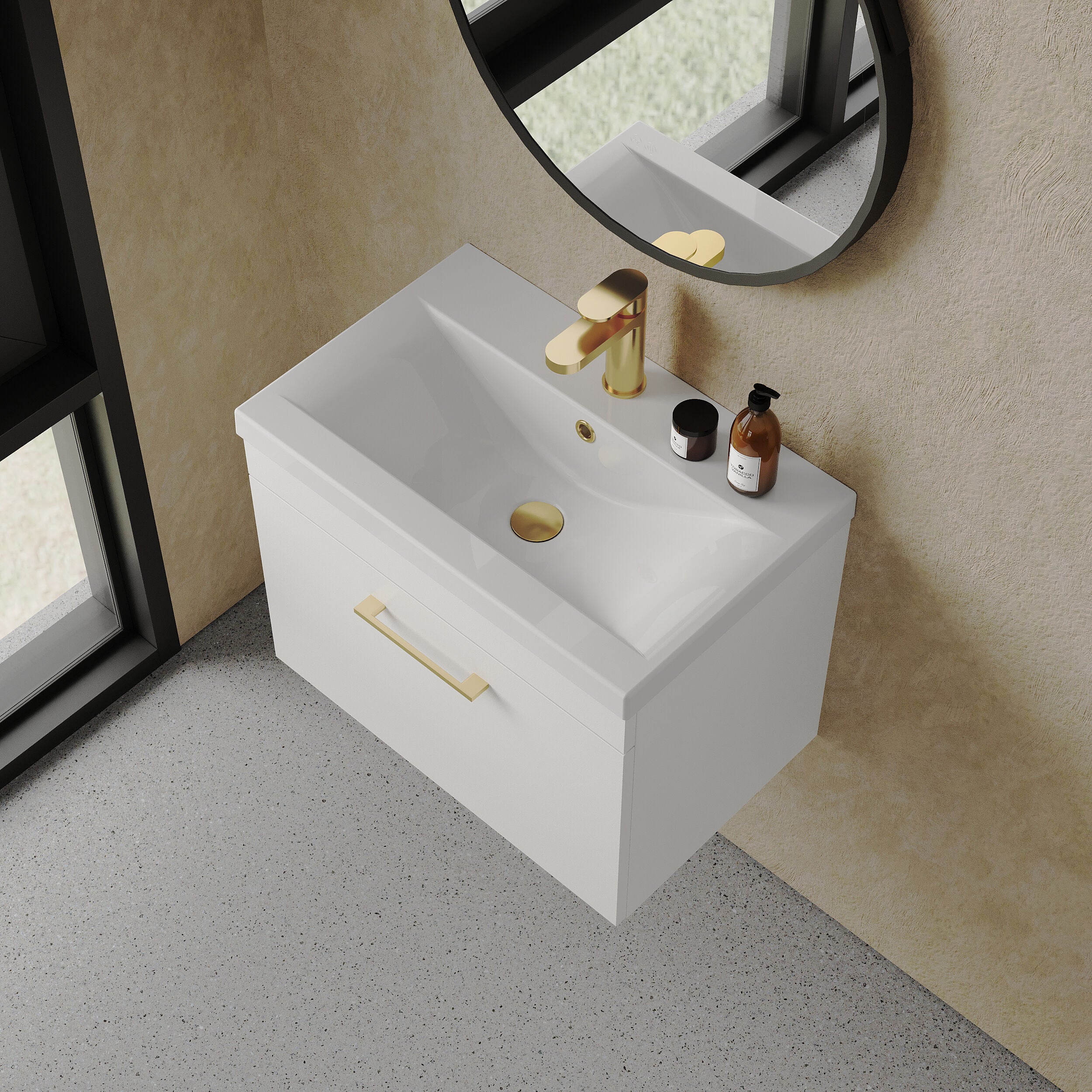 Rio 1 Drawer Wall Hung Vanity Basin Unit - 600mm - Gloss White with Brushed Brass D-shaped handle (Tap Not Included) - Image 3