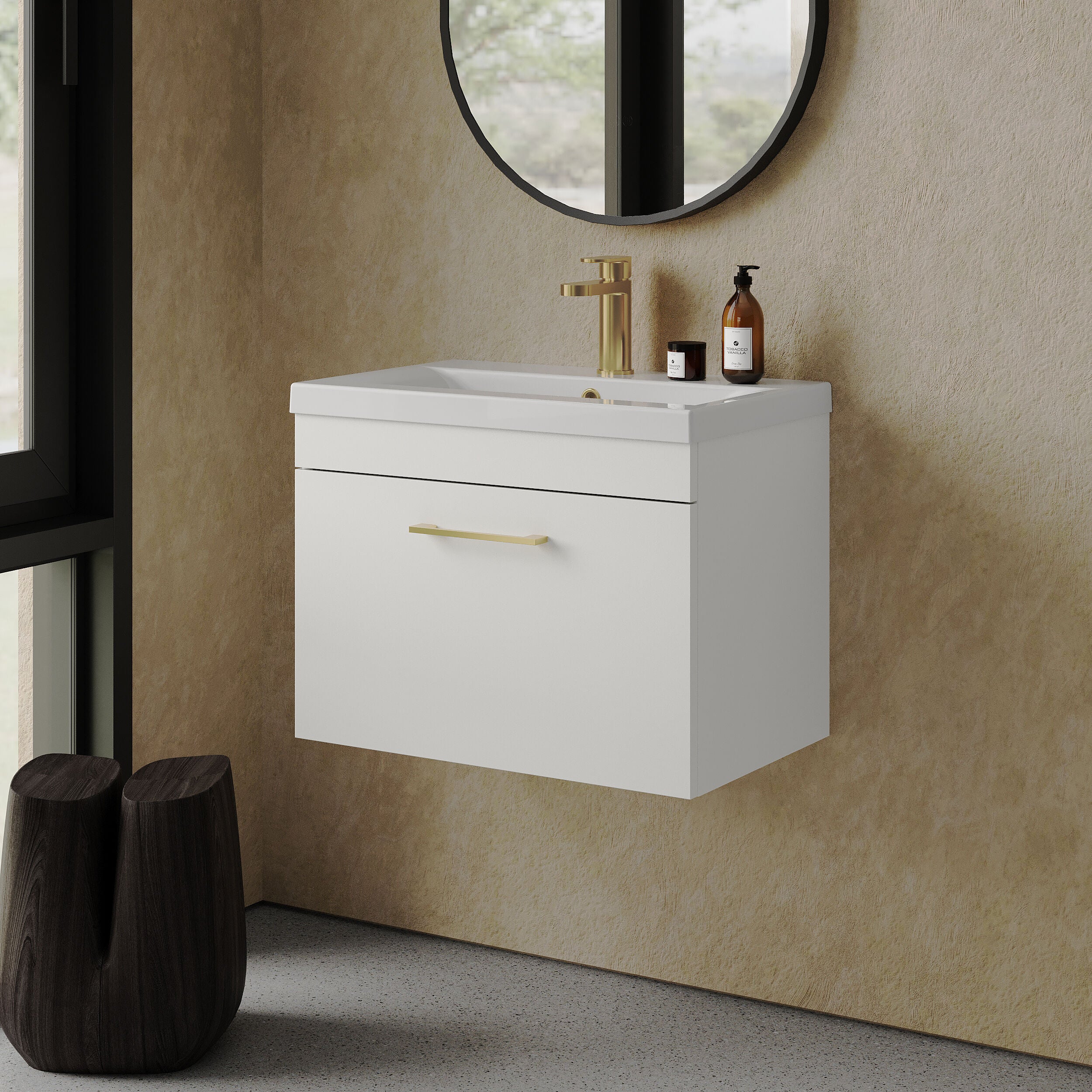 Rio 1 Drawer Wall Hung Vanity Basin Unit - 600mm - Gloss White with Brushed Brass D-shaped handle (Tap Not Included) - Image 4