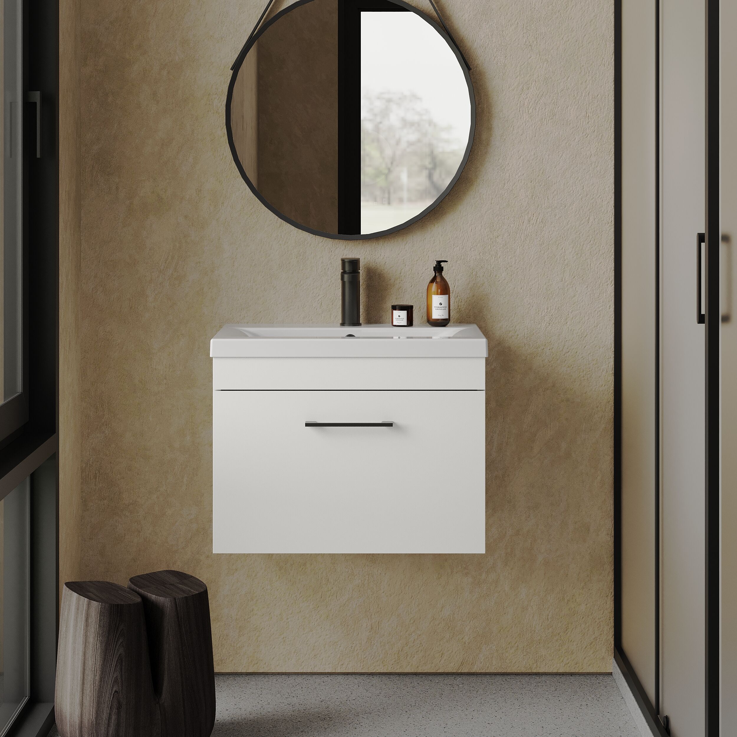 Rio 1 Drawer Wall Hung Vanity Basin Unit - 600mm - Gloss White with Square Black D-shaped handle (Tap Not Included) - Balterley - Image 2