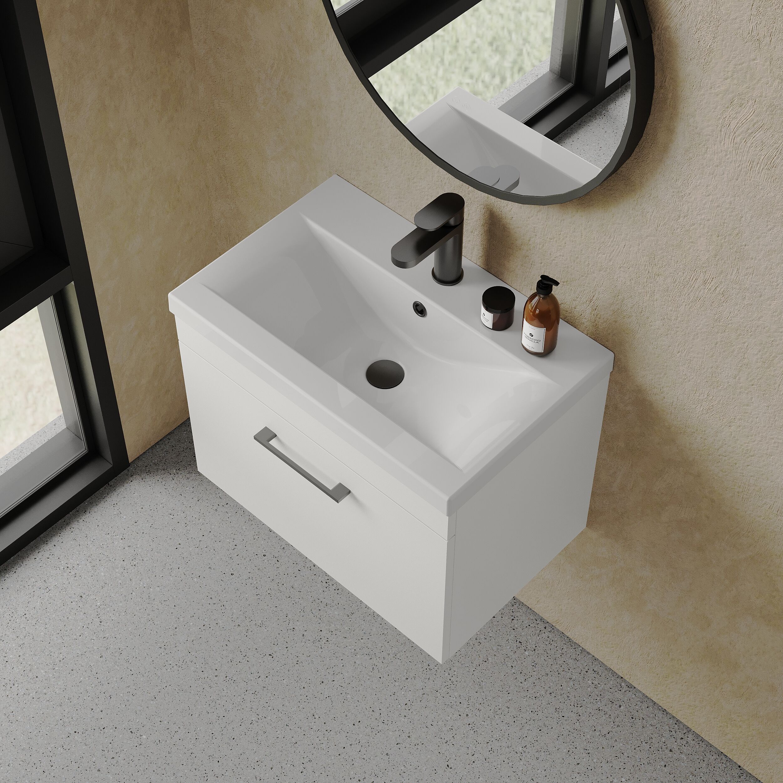Rio 1 Drawer Wall Hung Vanity Basin Unit - 600mm - Gloss White with Square Black D-shaped handle (Tap Not Included) - Balterley - Image 3
