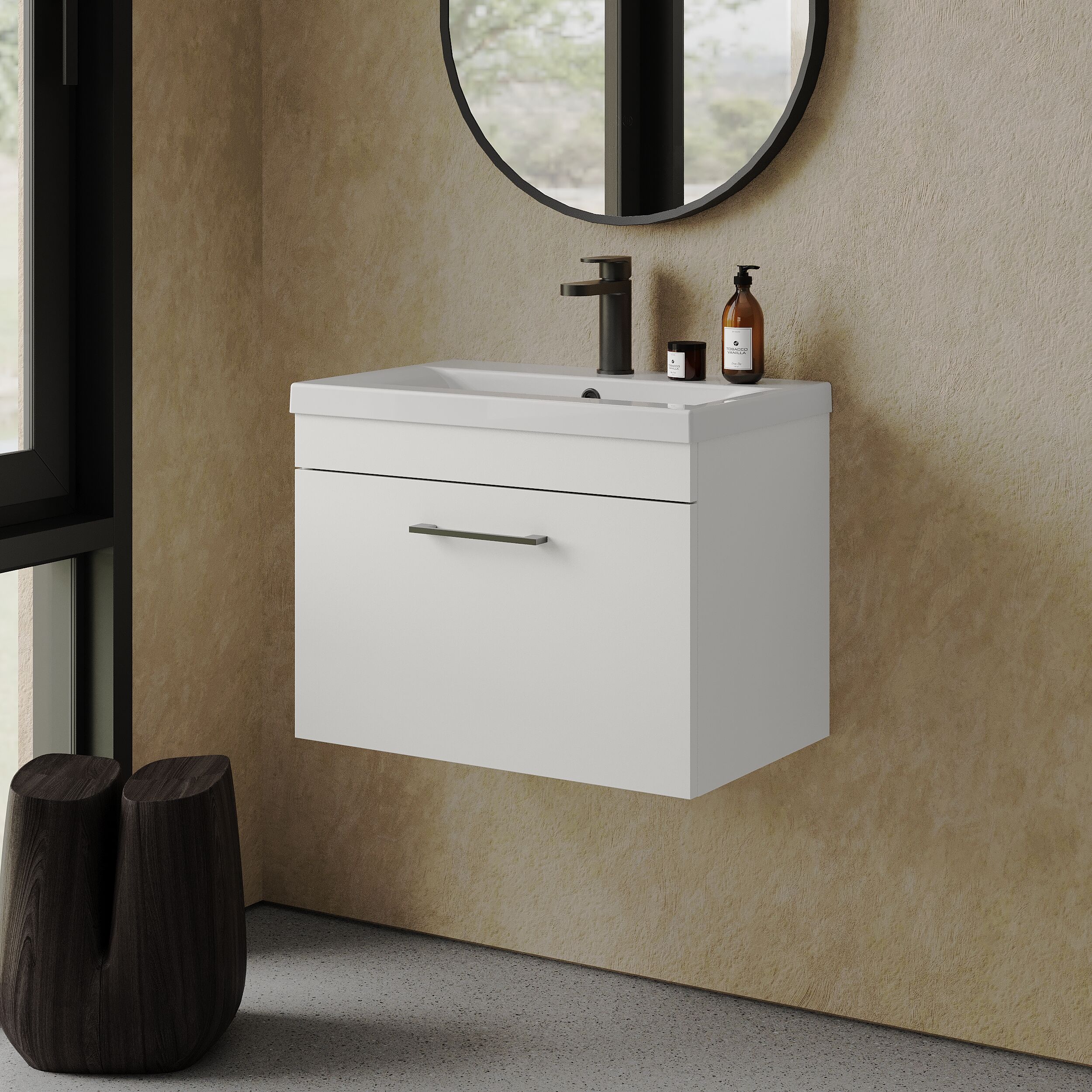 Rio 1 Drawer Wall Hung Vanity Basin Unit - 600mm - Gloss White with Square Black D-shaped handle (Tap Not Included) - Balterley - Image 4