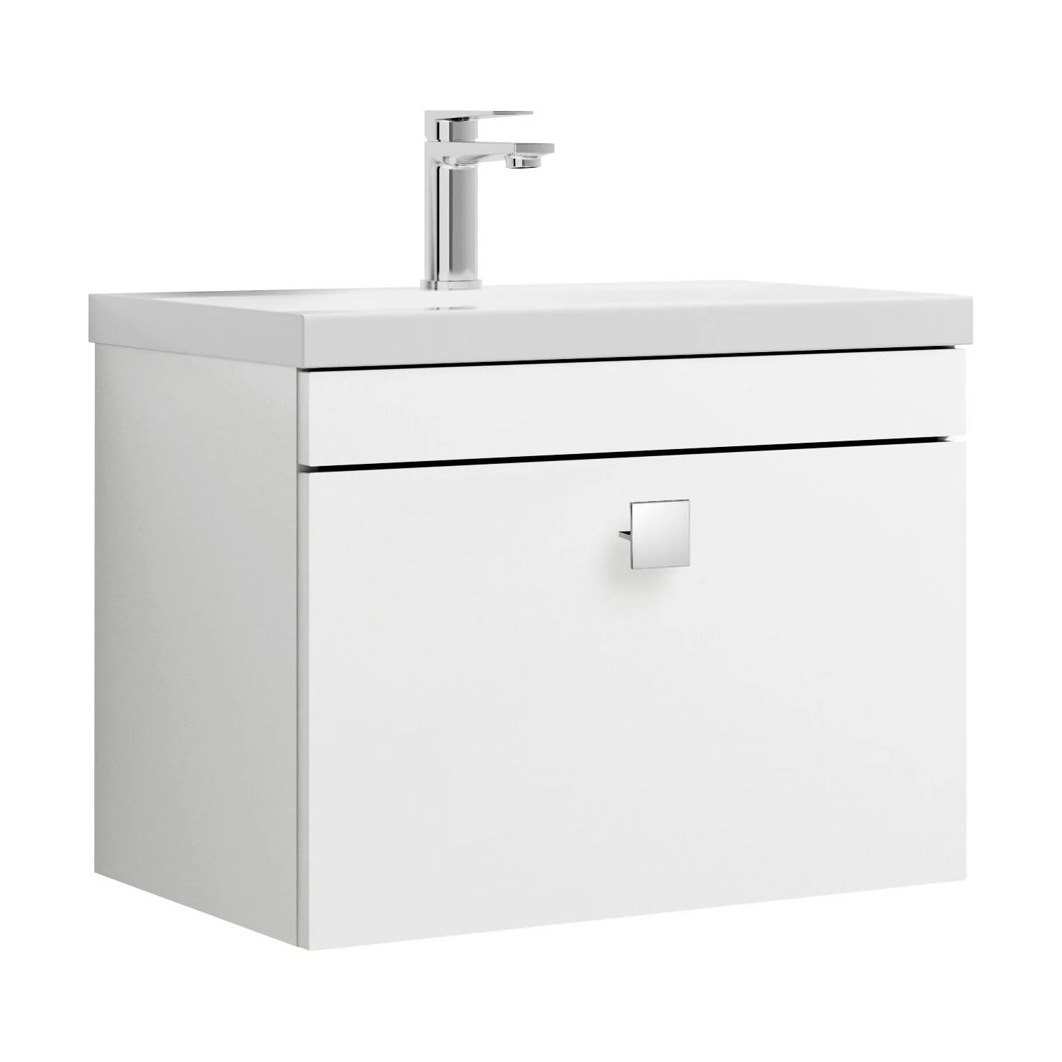 Rio 1 Drawer Wall Hung Vanity Basin Unit - 600mm - Gloss White with Chrome Square Handle (Tap Not Included)
