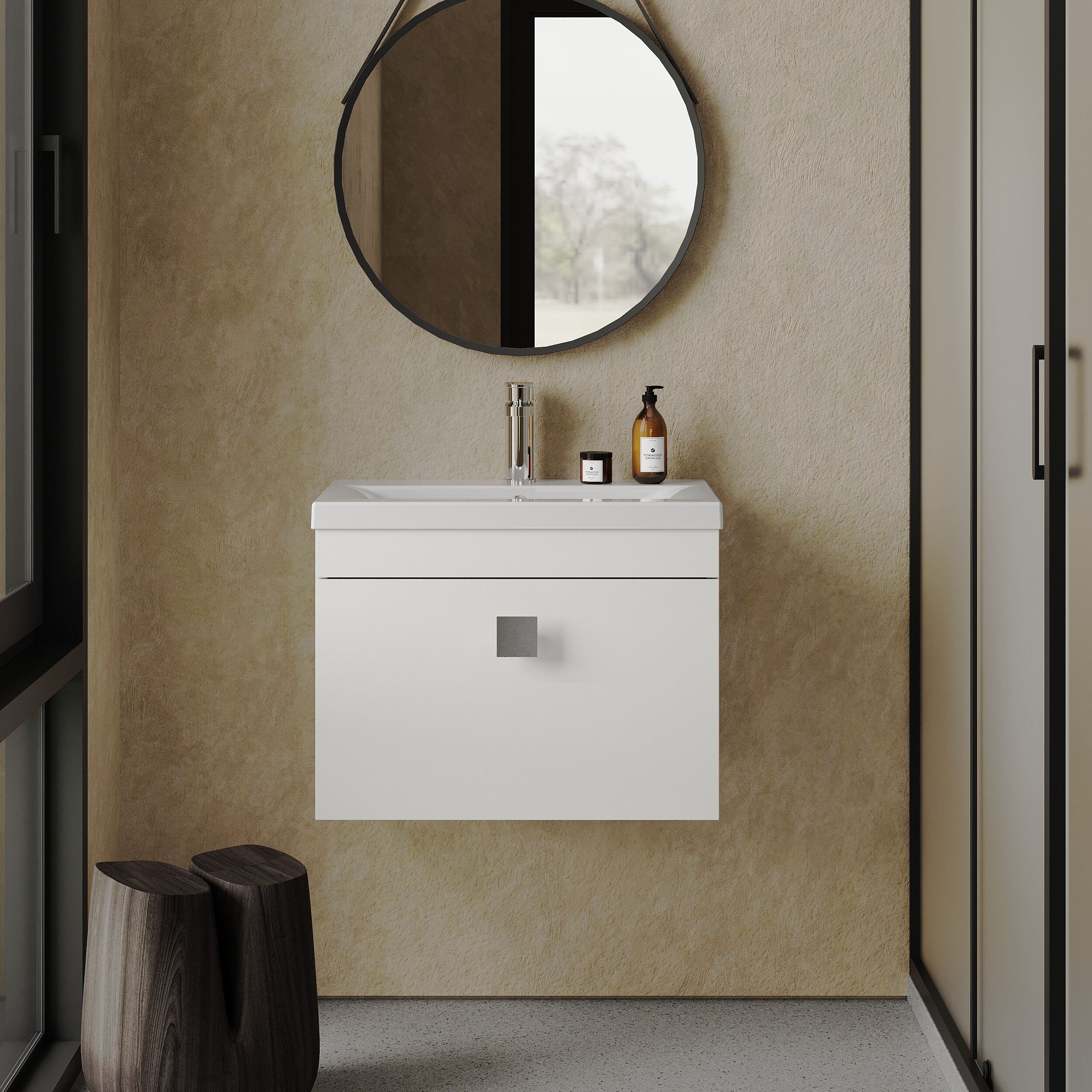 Rio 1 Drawer Wall Hung Vanity Basin Unit - 600mm - Gloss White with Chrome Square Handle (Tap Not Included) - Image 2