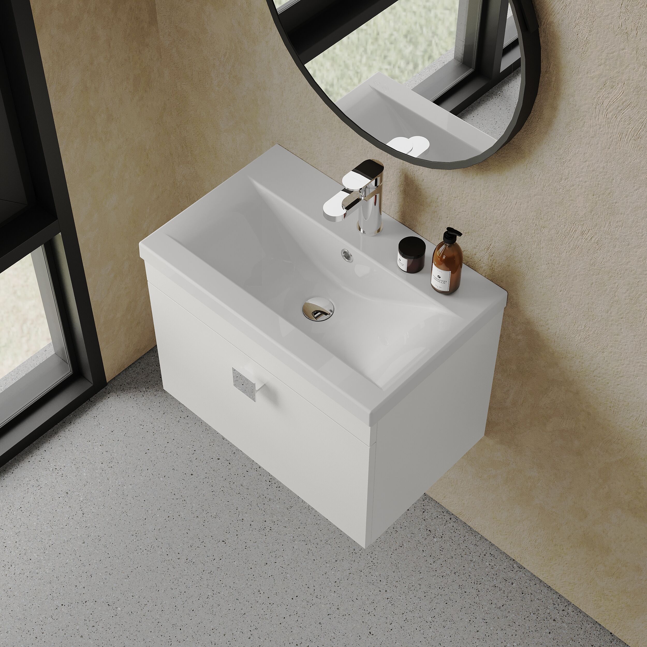 Rio 1 Drawer Wall Hung Vanity Basin Unit - 600mm - Gloss White with Chrome Square Handle (Tap Not Included) - Image 3