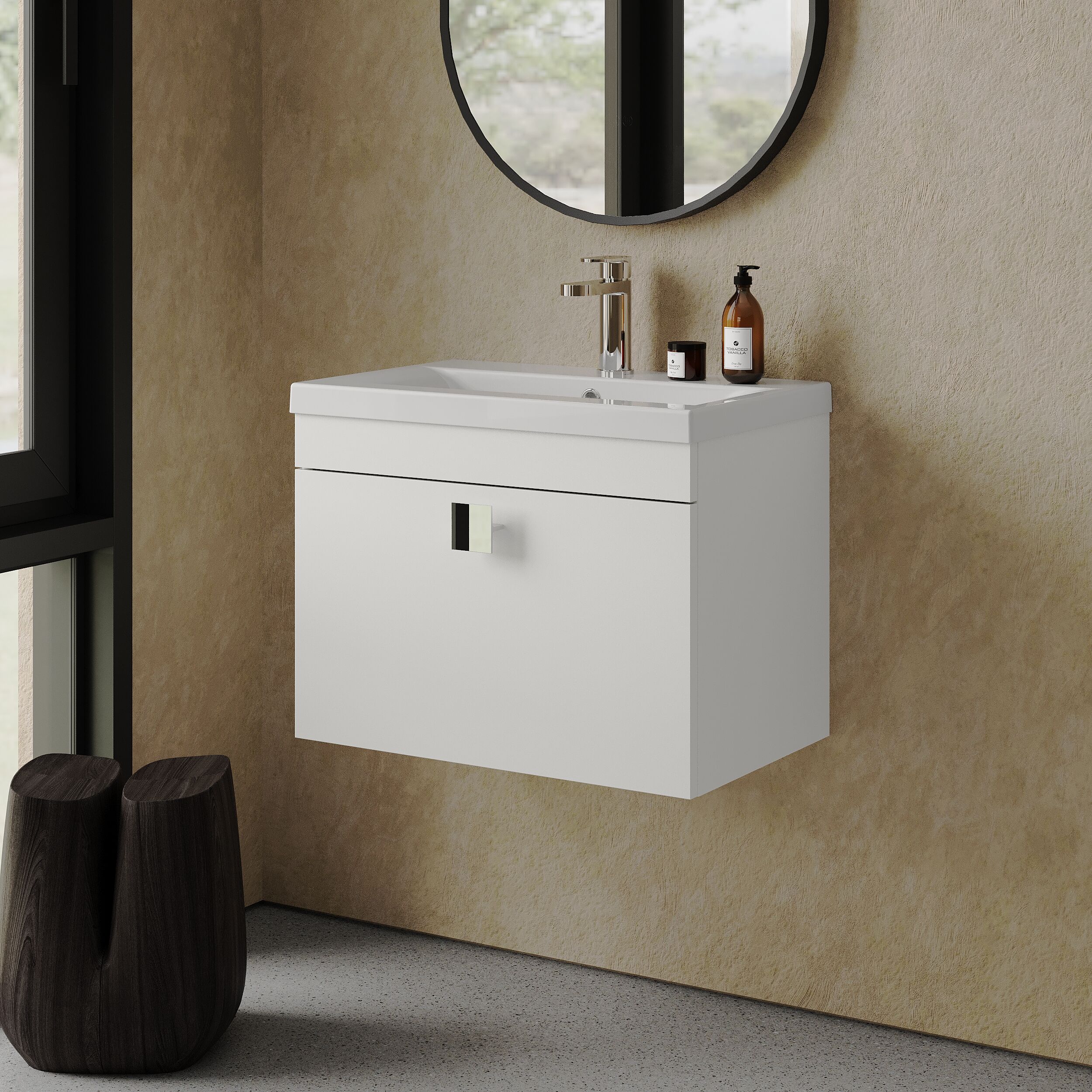 Rio 1 Drawer Wall Hung Vanity Basin Unit - 600mm - Gloss White with Chrome Square Handle (Tap Not Included) - Image 4