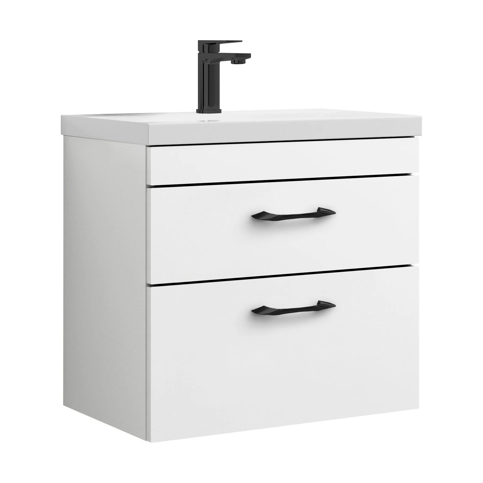 Rio 2 Drawer Wall Hung Vanity Basin Unit - 600mm - Gloss White with Black D-shaped handles (Tap Not Included) - Balterley