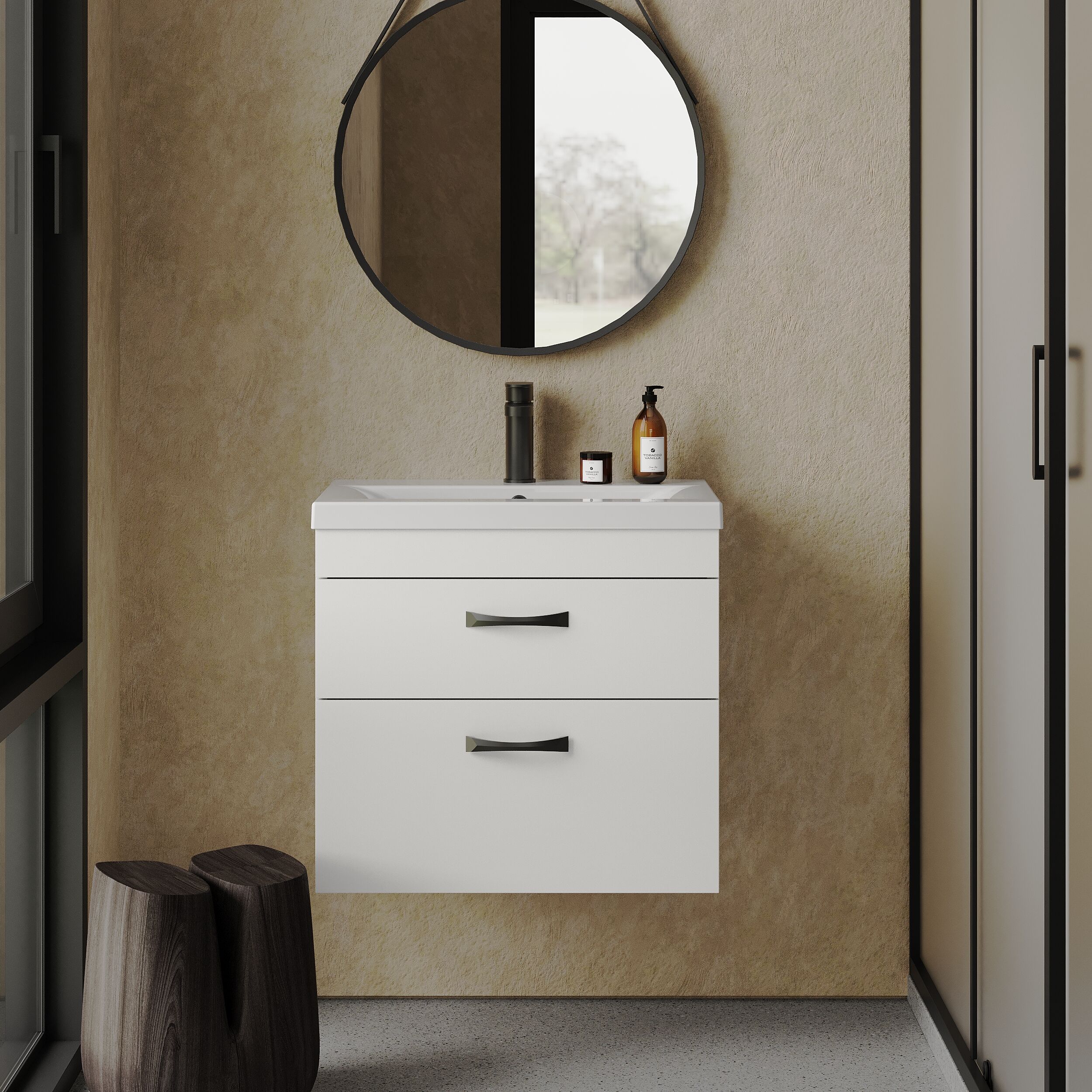 Rio 2 Drawer Wall Hung Vanity Basin Unit - 600mm - Gloss White with Black D-shaped handles (Tap Not Included) - Balterley - Image 2