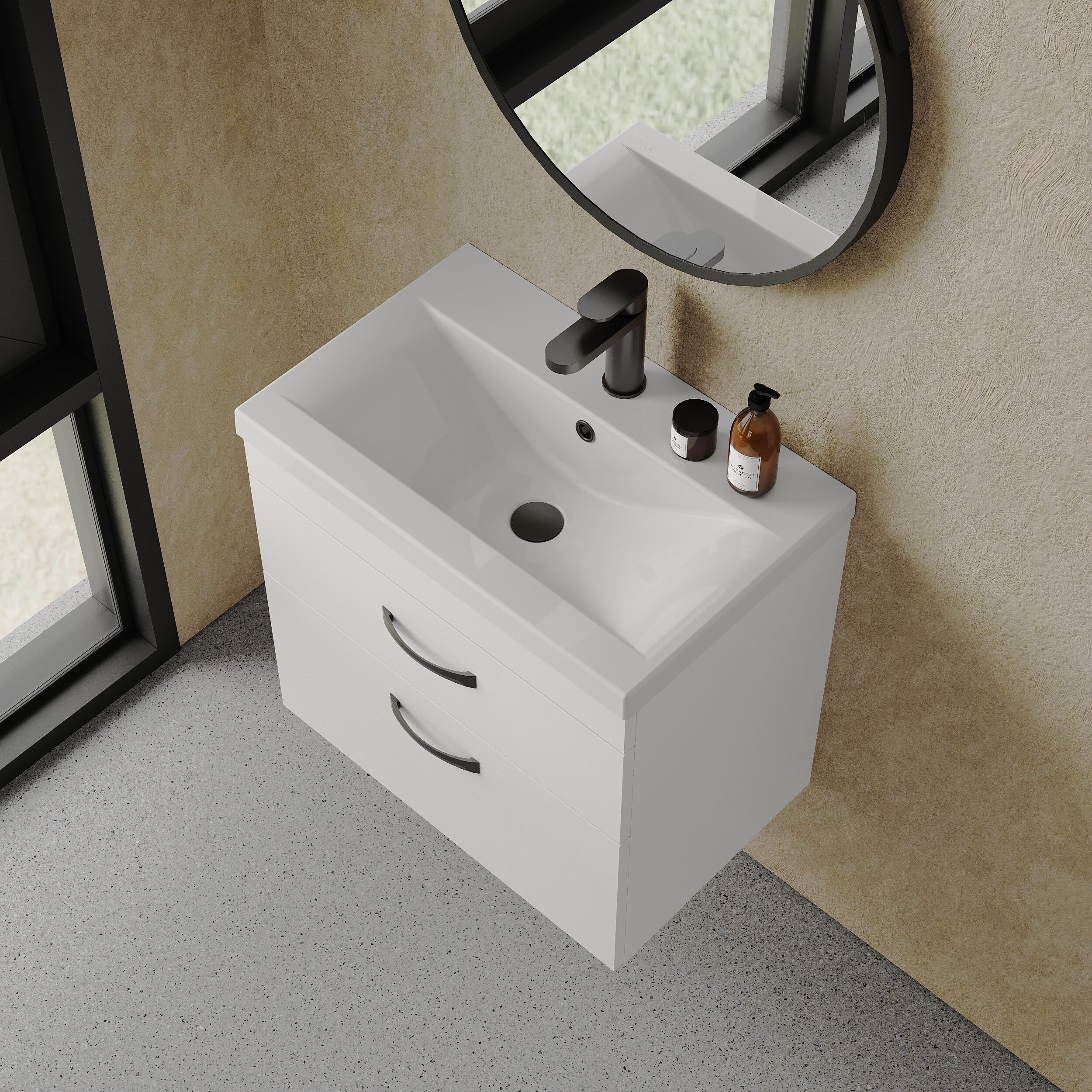 Rio 2 Drawer Wall Hung Vanity Basin Unit - 600mm - Gloss White with Black D-shaped handles (Tap Not Included) - Balterley - Image 3
