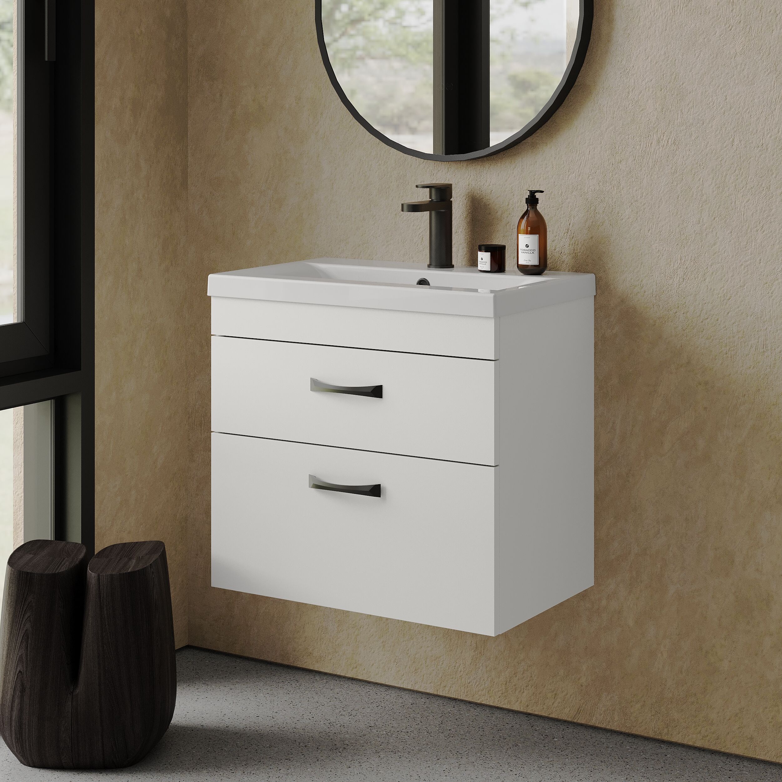Rio 2 Drawer Wall Hung Vanity Basin Unit - 600mm - Gloss White with Black D-shaped handles (Tap Not Included) - Balterley - Image 4