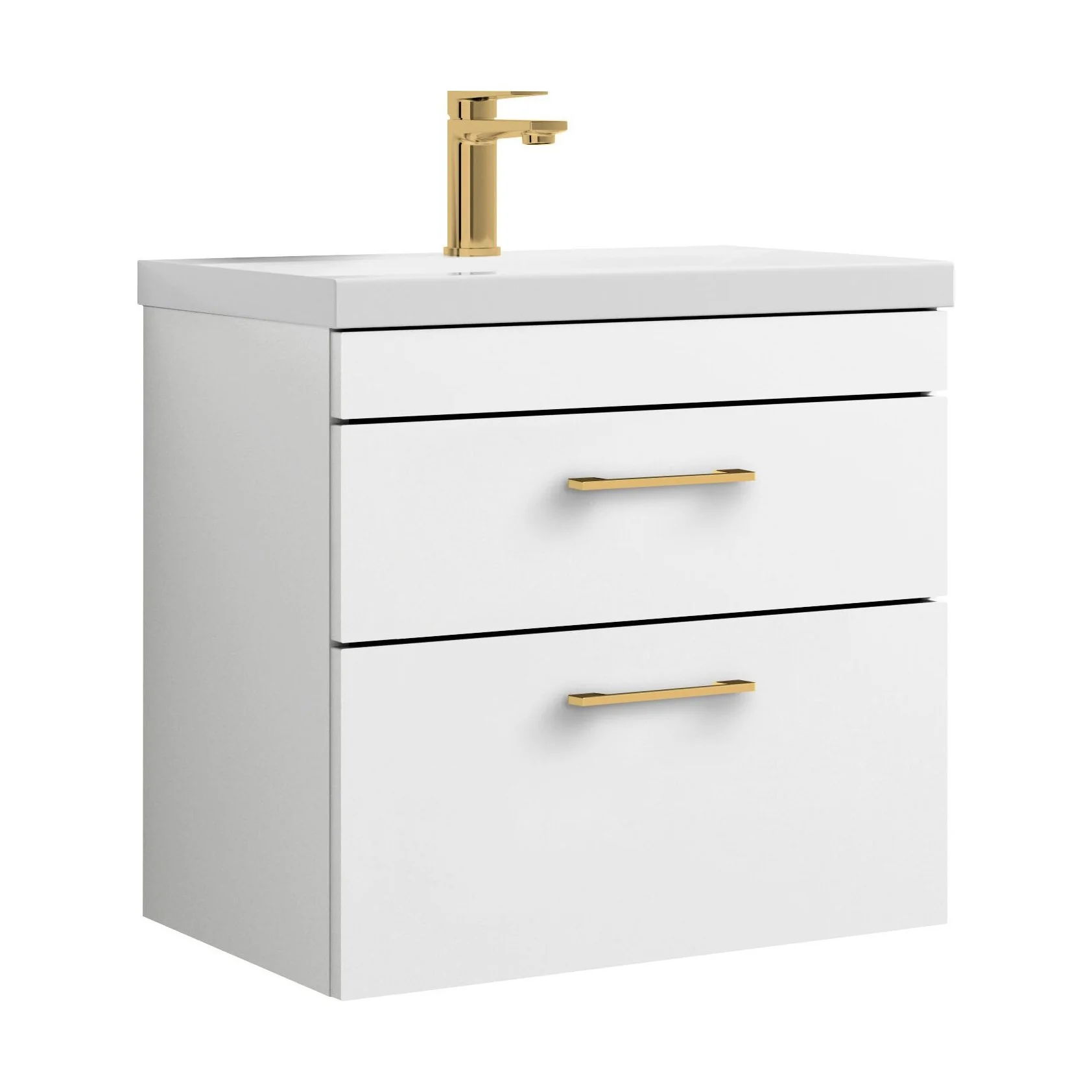 Rio 2 Drawer Wall Hung Vanity Basin Unit - 600mm - Gloss White with Brushed Brass D-shaped handles (Tap Not Included)