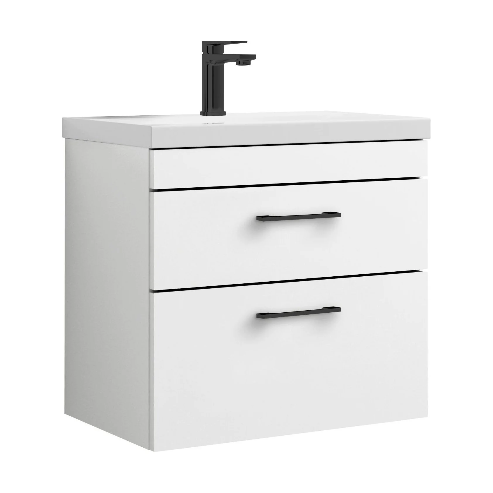 Rio 2 Drawer Wall Hung Vanity Basin Unit - 600mm - Gloss White with Square Black D-shaped handles (Tap Not Included) - Balterley