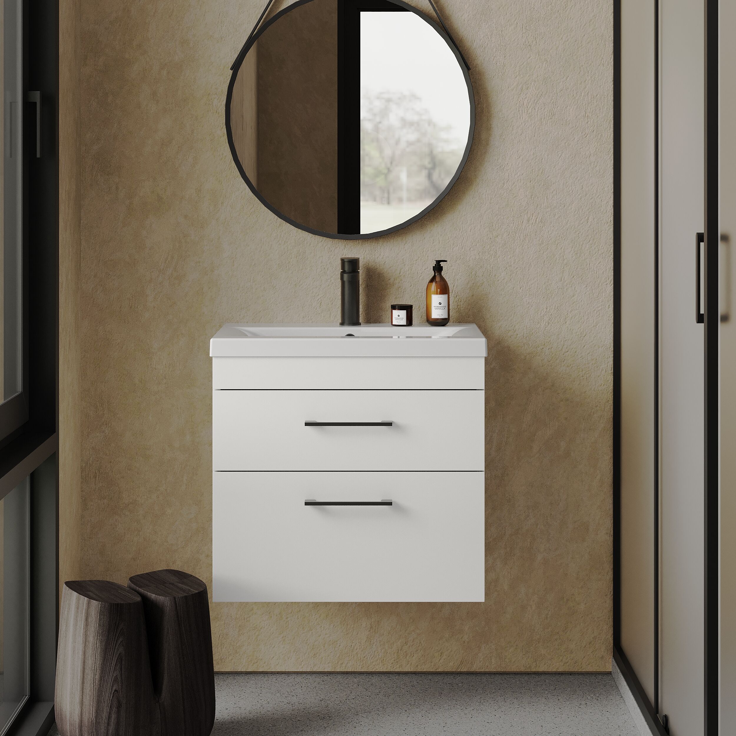 Rio 2 Drawer Wall Hung Vanity Basin Unit - 600mm - Gloss White with Square Black D-shaped handles (Tap Not Included) - Balterley - Image 2