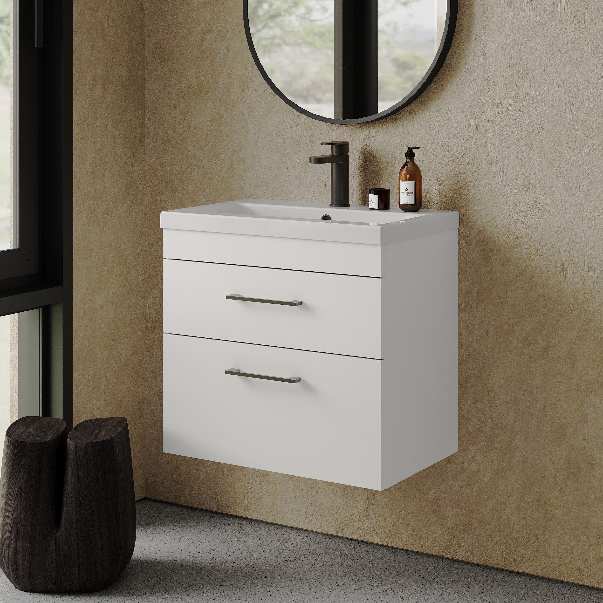 Rio 2 Drawer Wall Hung Vanity Basin Unit - 600mm - Gloss White with Square Black D-shaped handles (Tap Not Included) - Balterley - Image 4