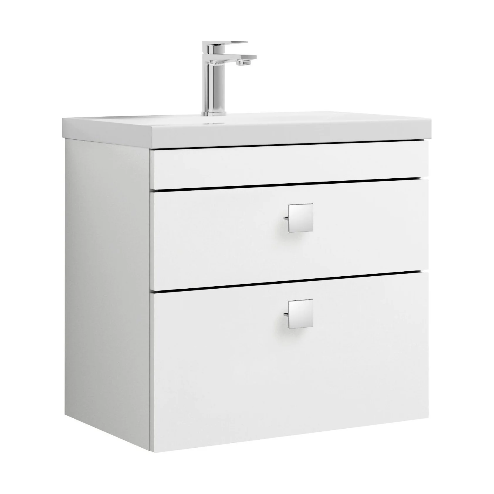 Rio 2 Drawer Wall Hung Vanity Basin Unit - 600mm - Gloss White with Chrome Square Handles (Tap Not Included)