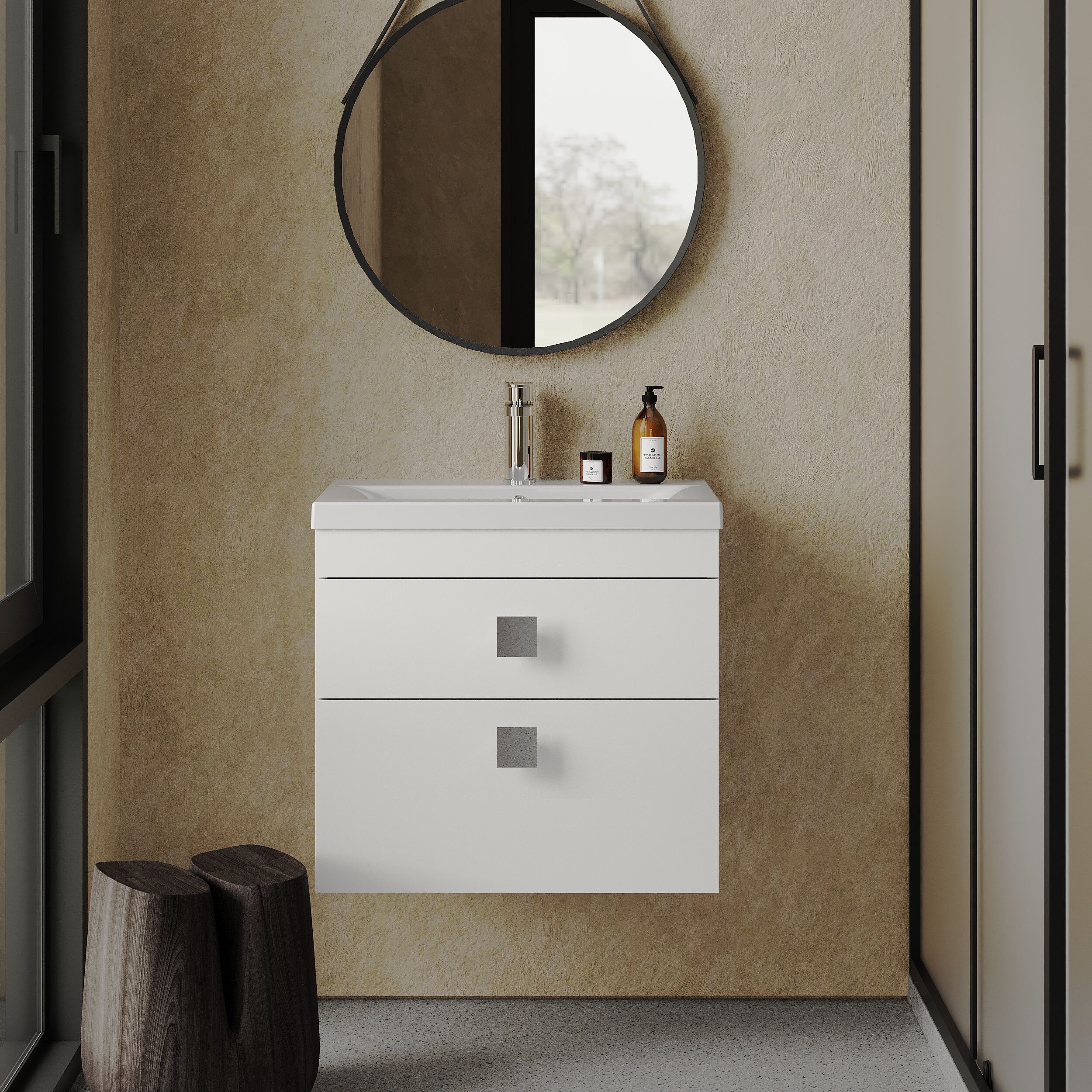 Rio 2 Drawer Wall Hung Vanity Basin Unit - 600mm - Gloss White with Chrome Square Handles (Tap Not Included) - Image 2