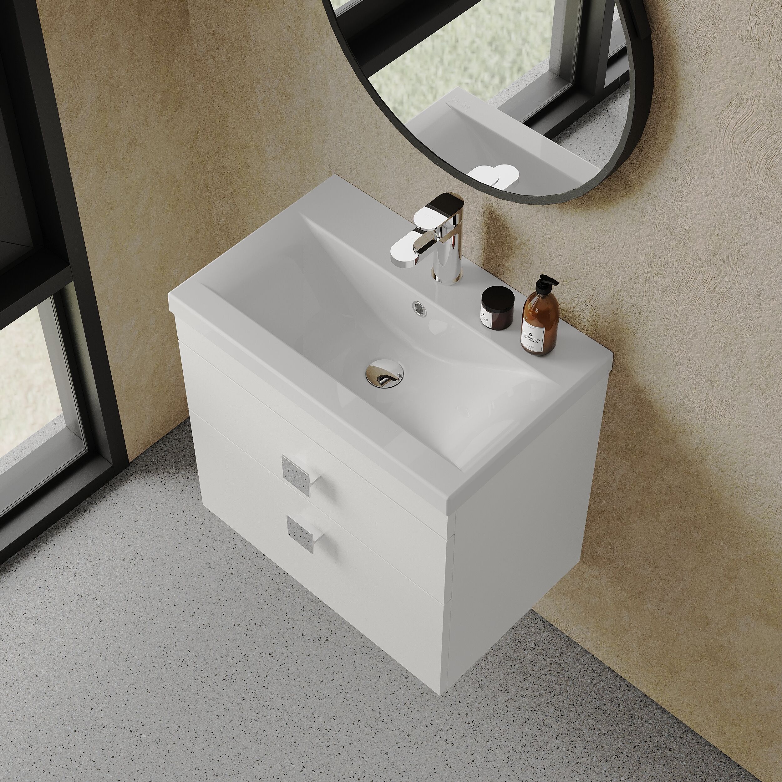 Rio 2 Drawer Wall Hung Vanity Basin Unit - 600mm - Gloss White with Chrome Square Handles (Tap Not Included) - Image 3