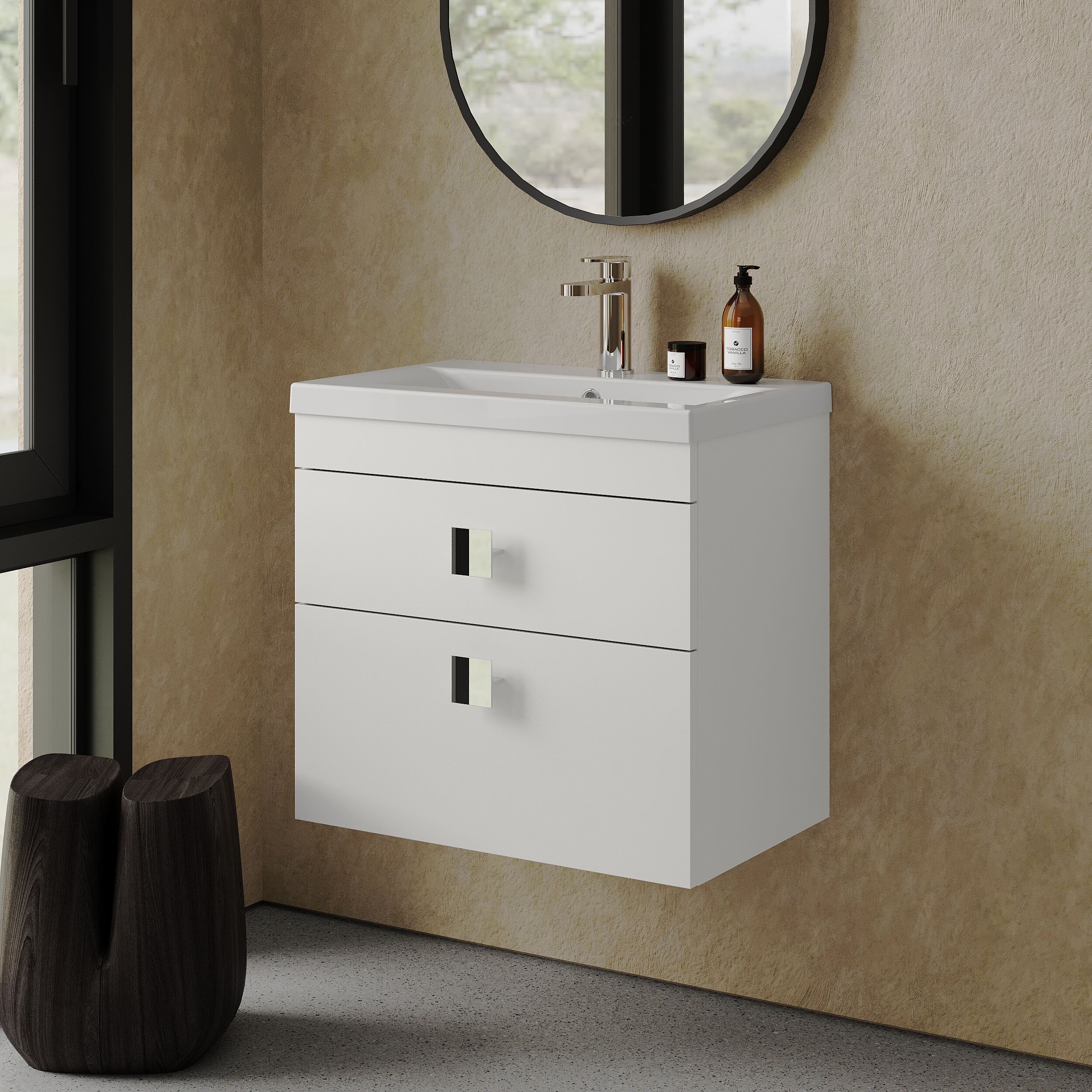 Rio 2 Drawer Wall Hung Vanity Basin Unit - 600mm - Gloss White with Chrome Square Handles (Tap Not Included) - Image 4