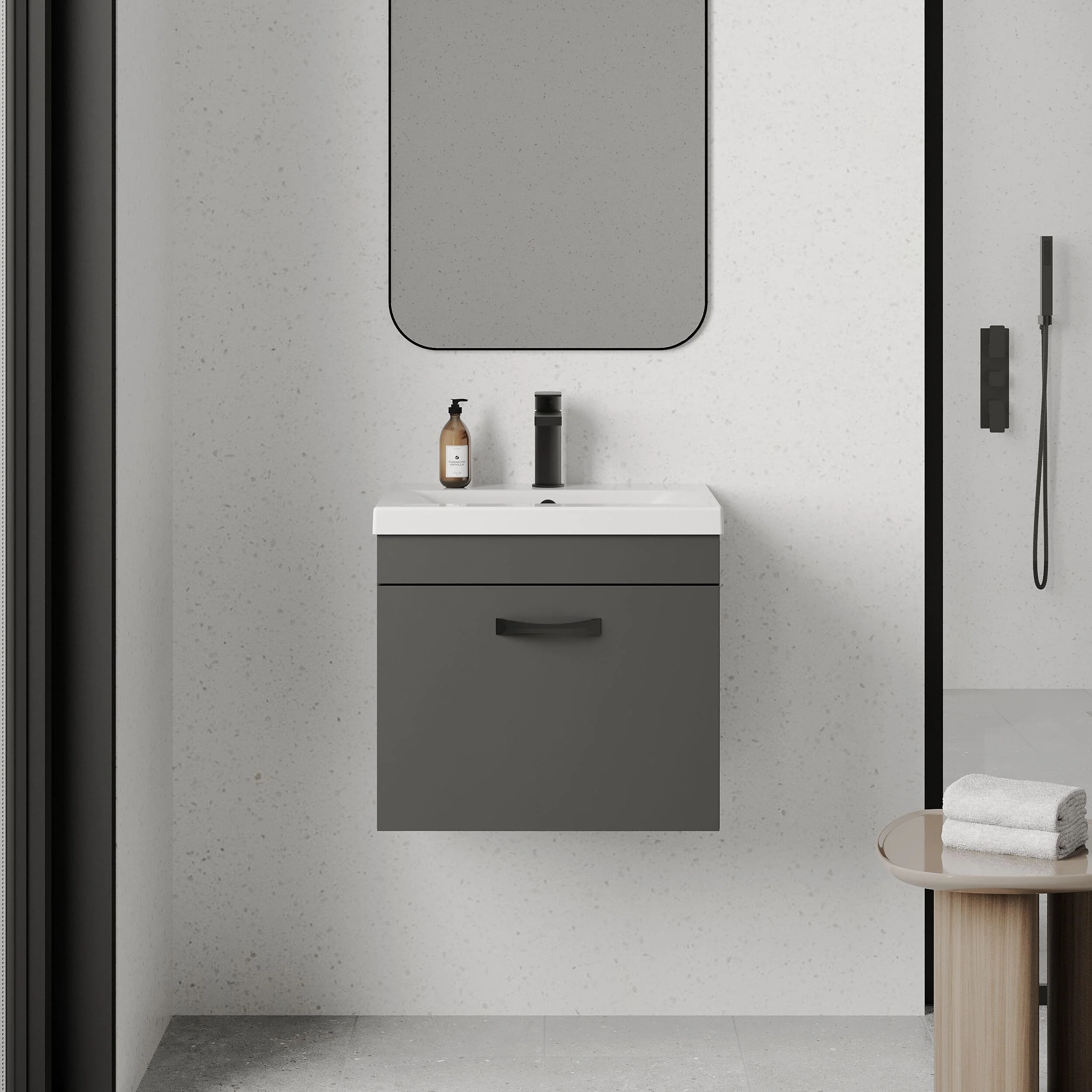 Rio 1 Drawer Wall Hung Vanity Basin Unit - 500mm - Gloss Grey with Black D-shaped handle (Tap Not Included) - Balterley - Image 2