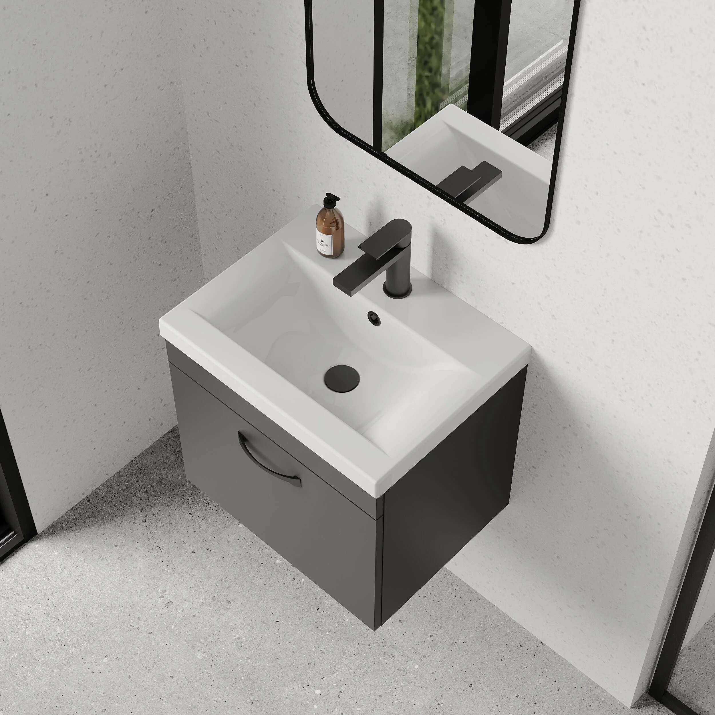 Rio 1 Drawer Wall Hung Vanity Basin Unit - 500mm - Gloss Grey with Black D-shaped handle (Tap Not Included) - Balterley - Image 3