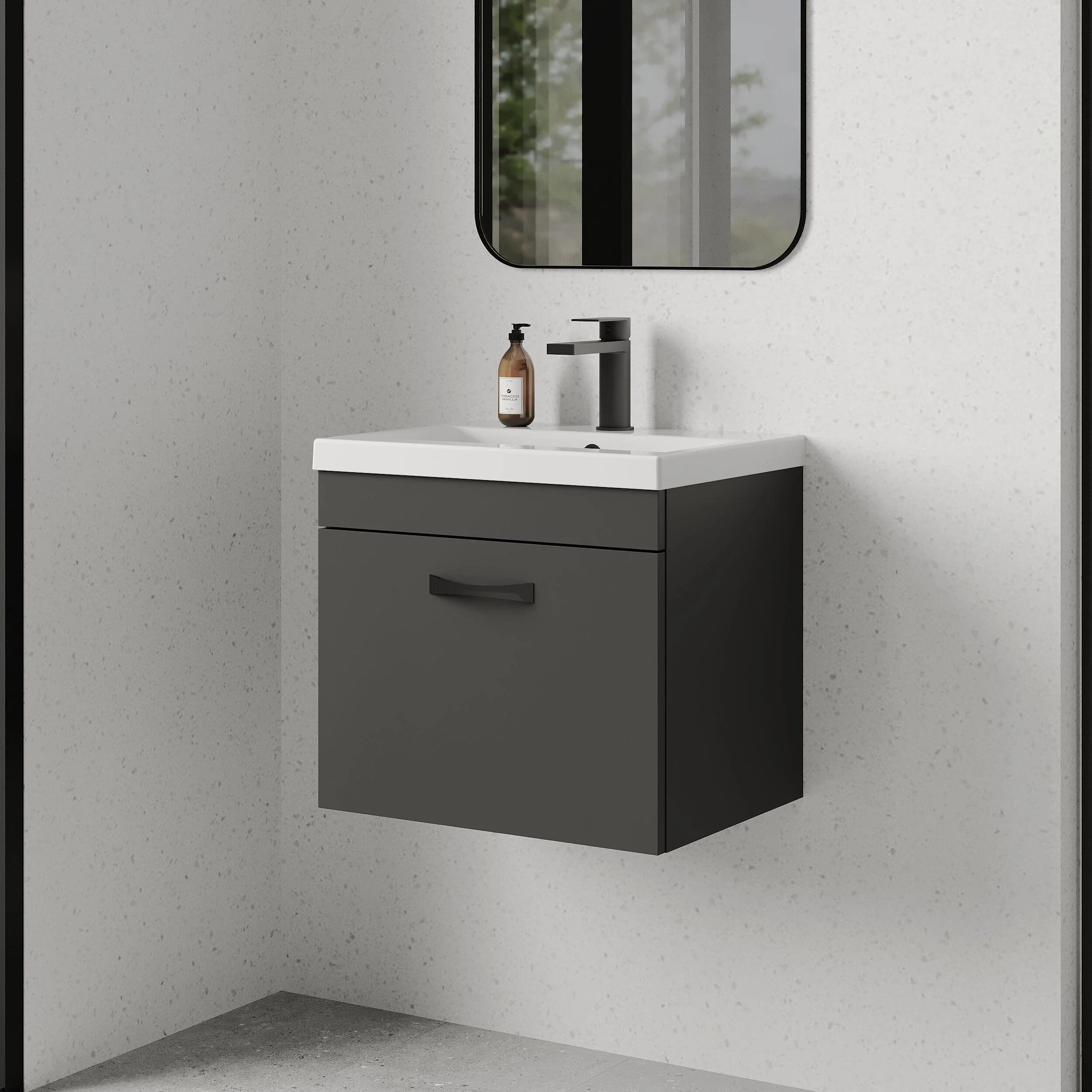 Rio 1 Drawer Wall Hung Vanity Basin Unit - 500mm - Gloss Grey with Black D-shaped handle (Tap Not Included) - Balterley - Image 4