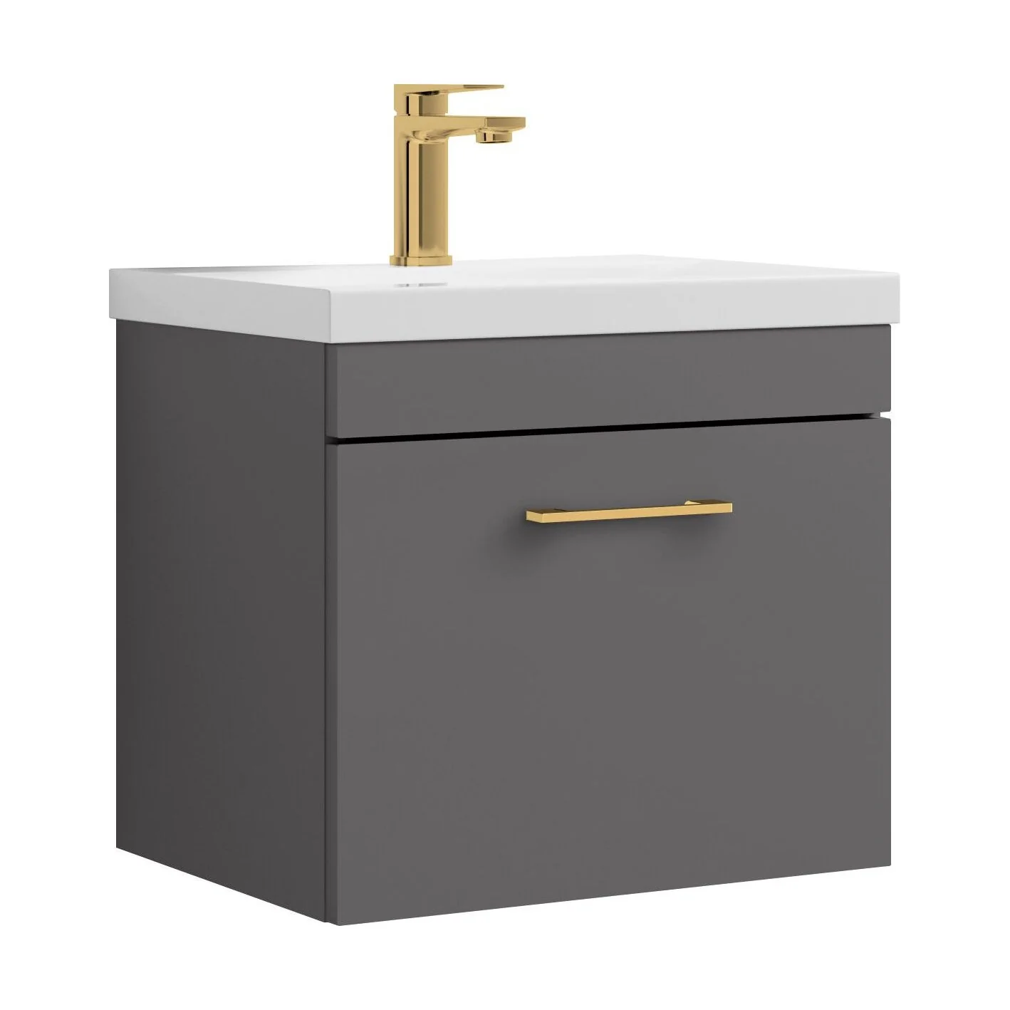 Rio 1 Drawer Wall Hung Vanity Basin Unit - 500mm - Gloss Grey with Brushed Brass D-shaped handle (Tap Not Included)