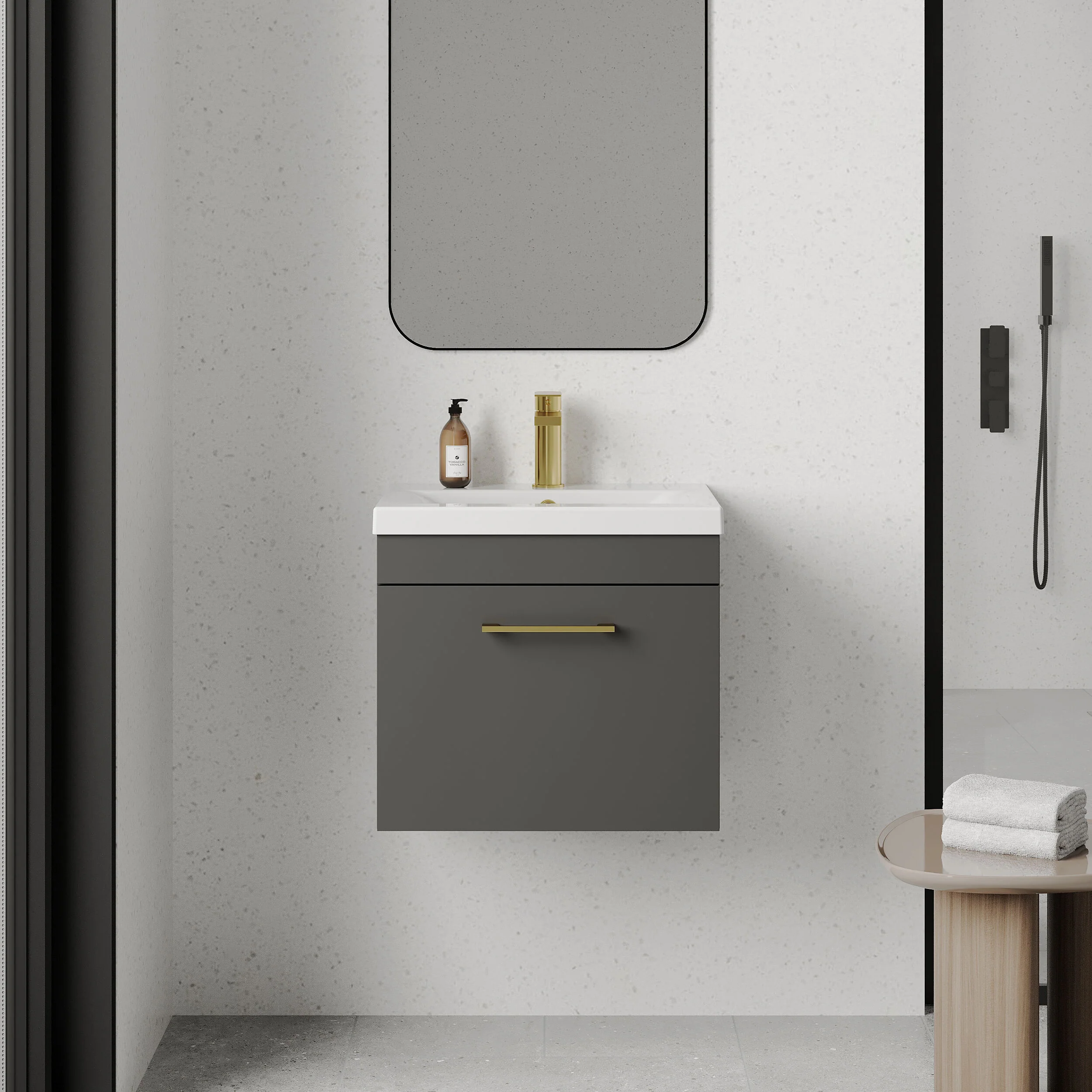 Rio 1 Drawer Wall Hung Vanity Basin Unit - 500mm - Gloss Grey with Brushed Brass D-shaped handle (Tap Not Included) - Image 2
