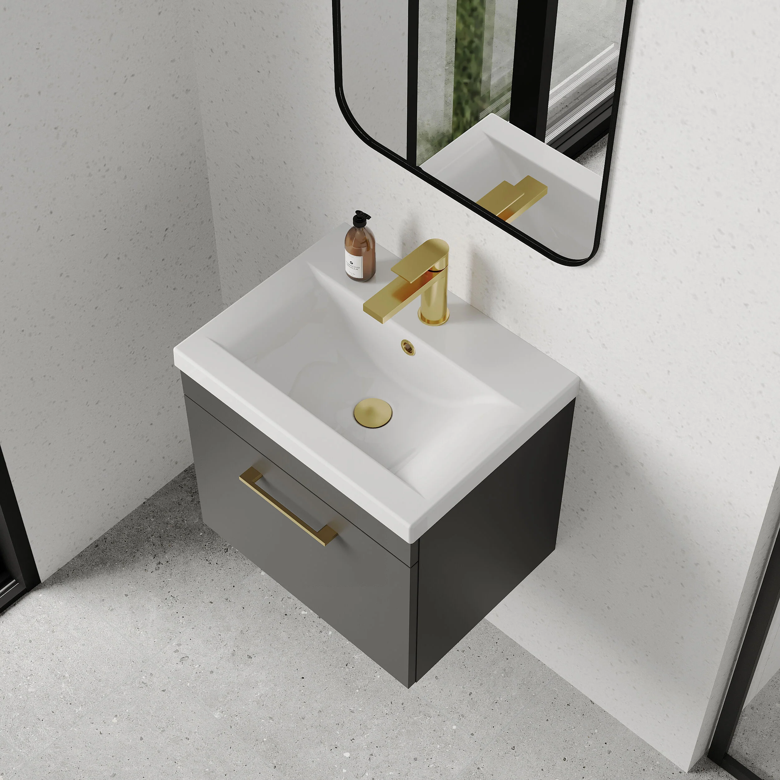 Rio 1 Drawer Wall Hung Vanity Basin Unit - 500mm - Gloss Grey with Brushed Brass D-shaped handle (Tap Not Included) - Image 3