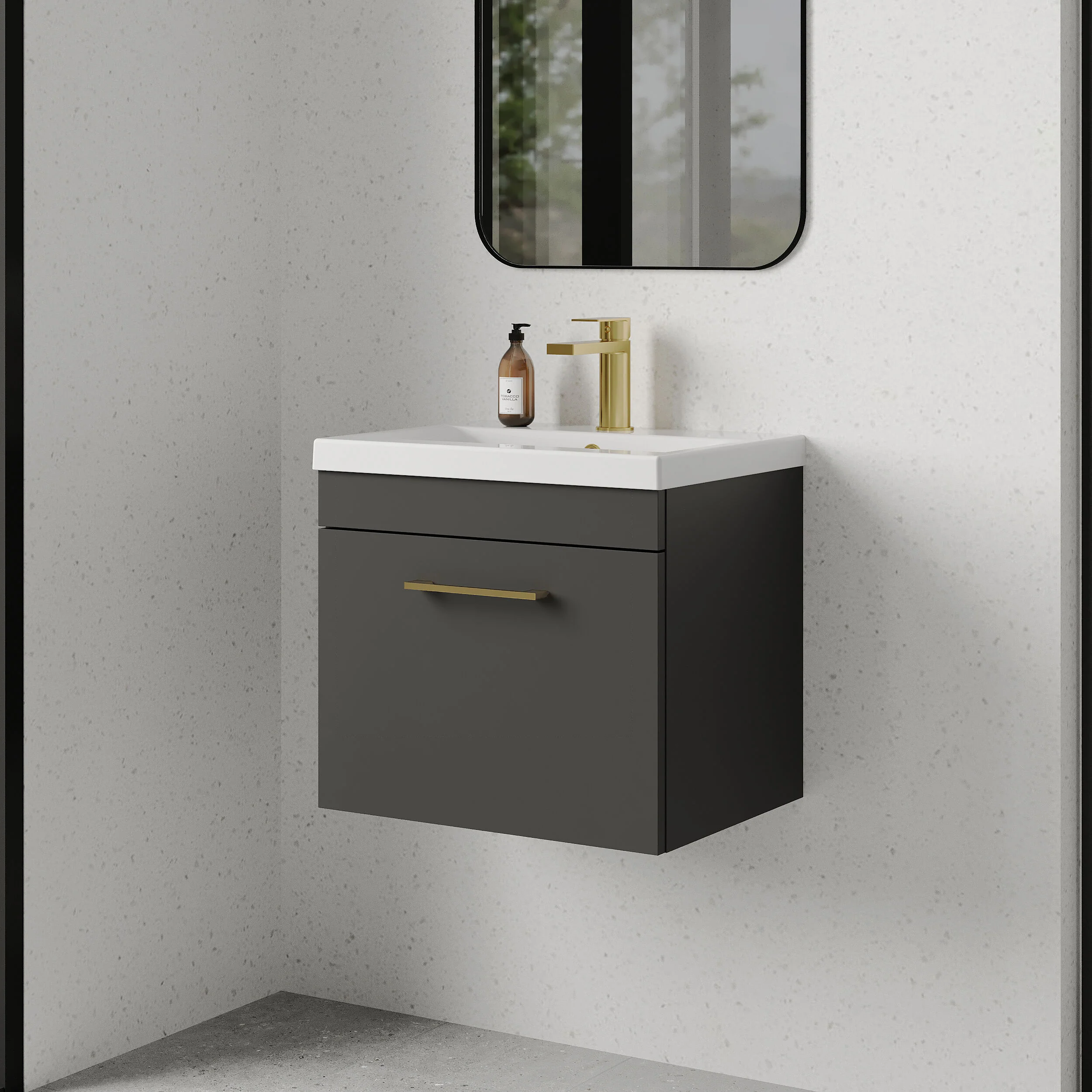 Rio 1 Drawer Wall Hung Vanity Basin Unit - 500mm - Gloss Grey with Brushed Brass D-shaped handle (Tap Not Included) - Image 4