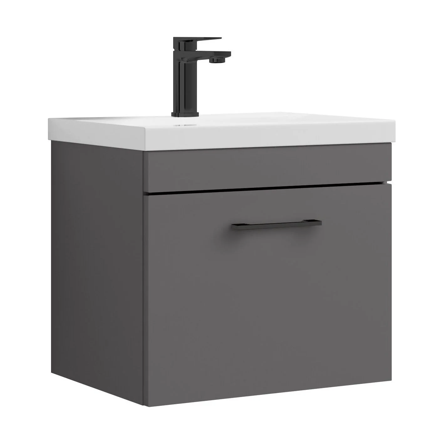 Rio 1 Drawer Wall Hung Vanity Basin Unit - 500mm - Gloss Grey with Square Black D-shaped handle (Tap Not Included) - Balterley