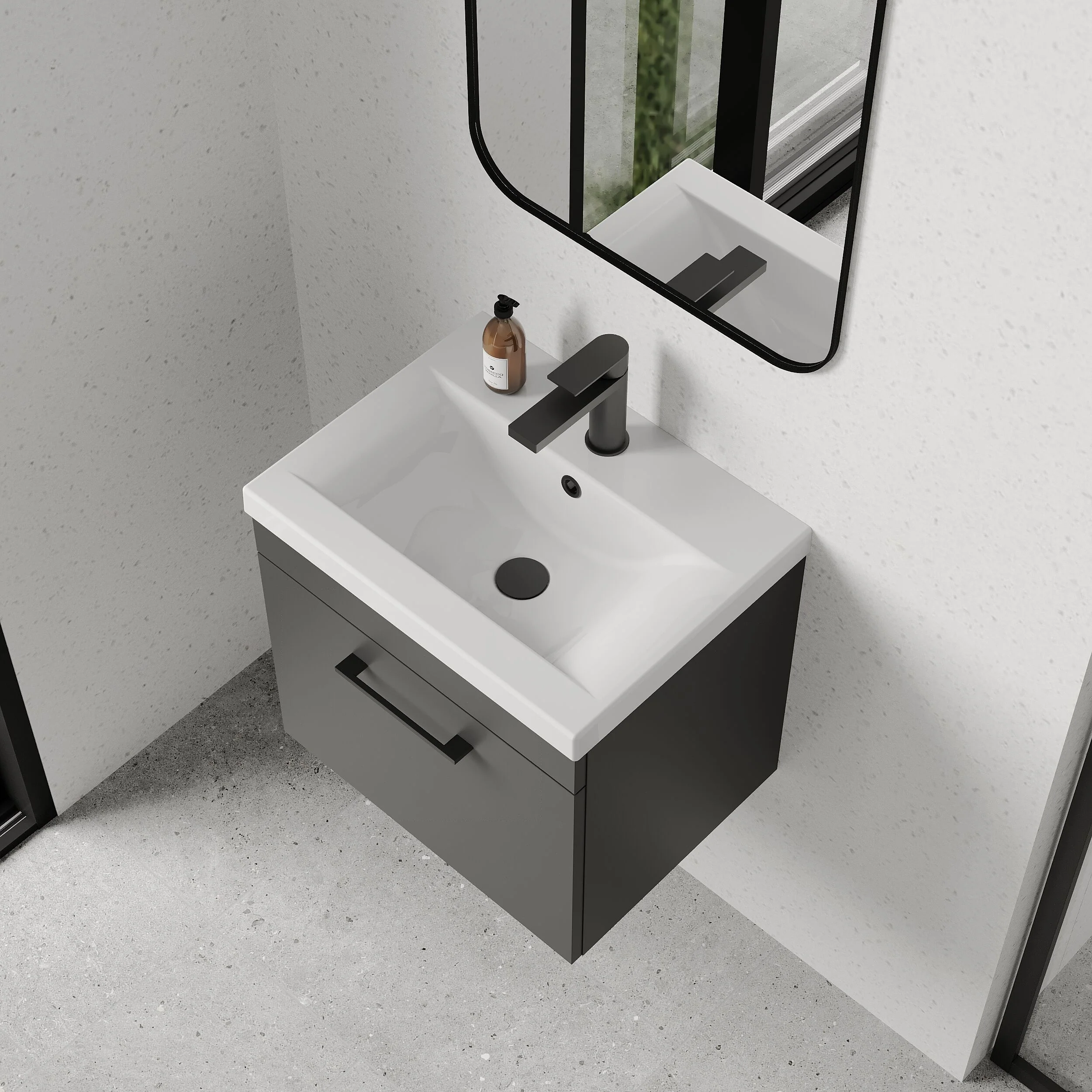 Rio 1 Drawer Wall Hung Vanity Basin Unit - 500mm - Gloss Grey with Square Black D-shaped handle (Tap Not Included) - Balterley - Image 3