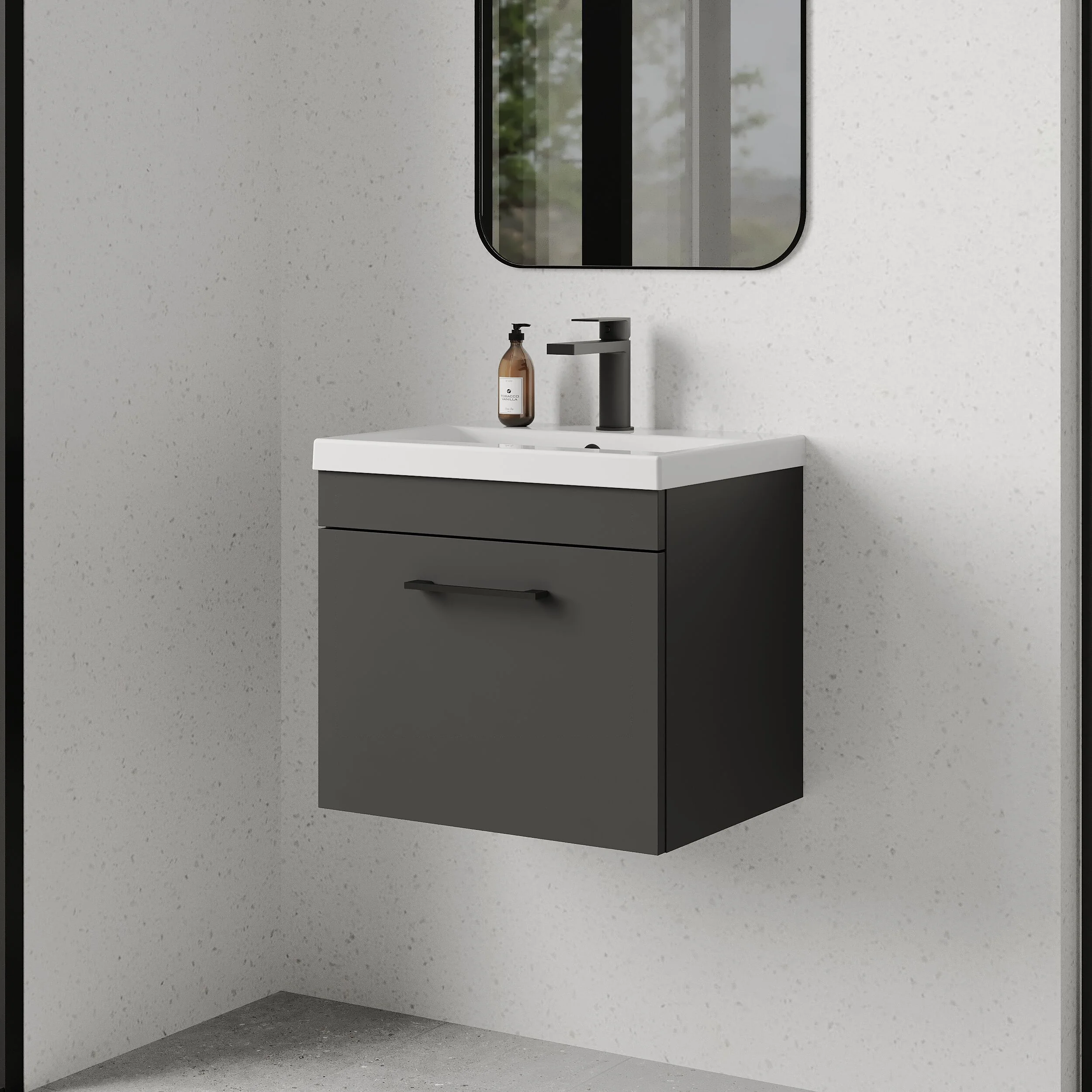 Rio 1 Drawer Wall Hung Vanity Basin Unit - 500mm - Gloss Grey with Square Black D-shaped handle (Tap Not Included) - Balterley - Image 4