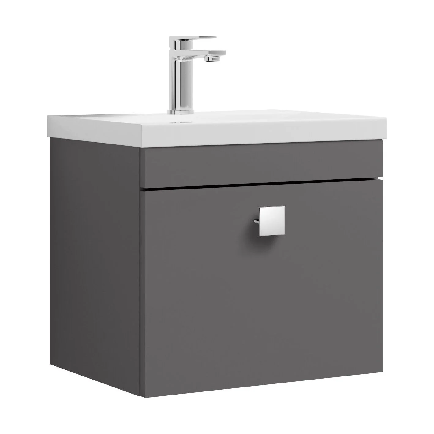 Rio 1 Drawer Wall Hung Vanity Basin Unit - 500mm - Gloss Grey with Chrome Square Handle (Tap Not Included)