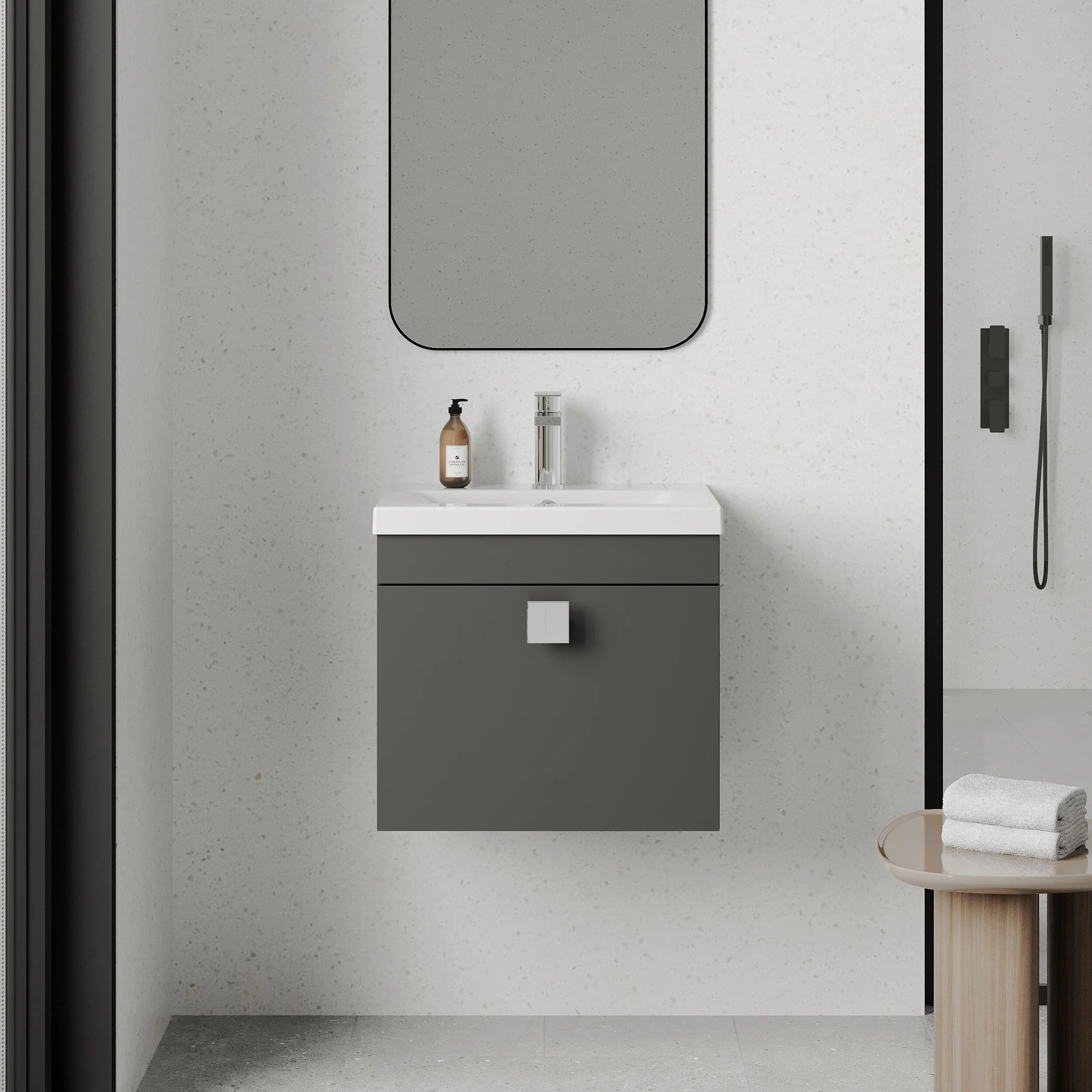 Rio 1 Drawer Wall Hung Vanity Basin Unit - 500mm - Gloss Grey with Chrome Square Handle (Tap Not Included) - Image 2