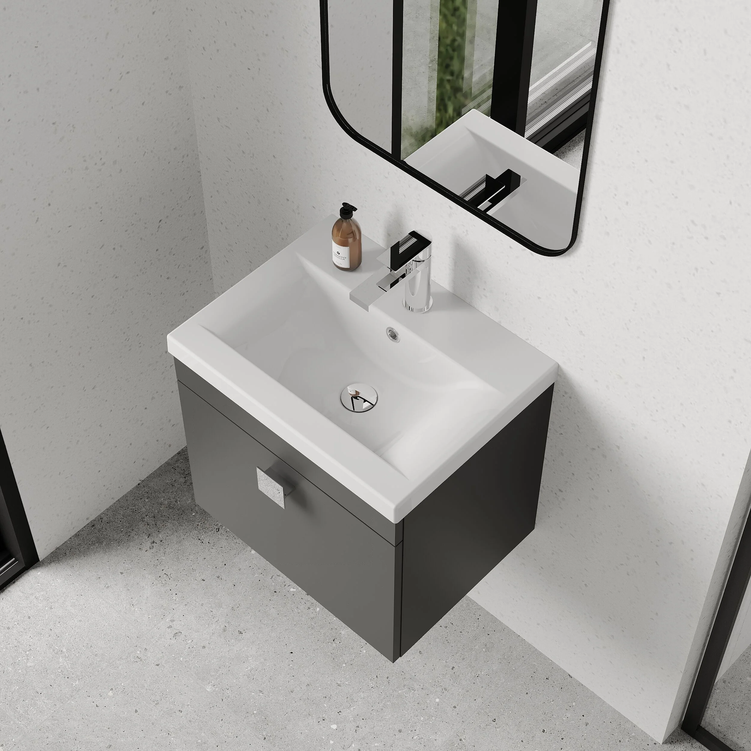 Rio 1 Drawer Wall Hung Vanity Basin Unit - 500mm - Gloss Grey with Chrome Square Handle (Tap Not Included) - Image 3