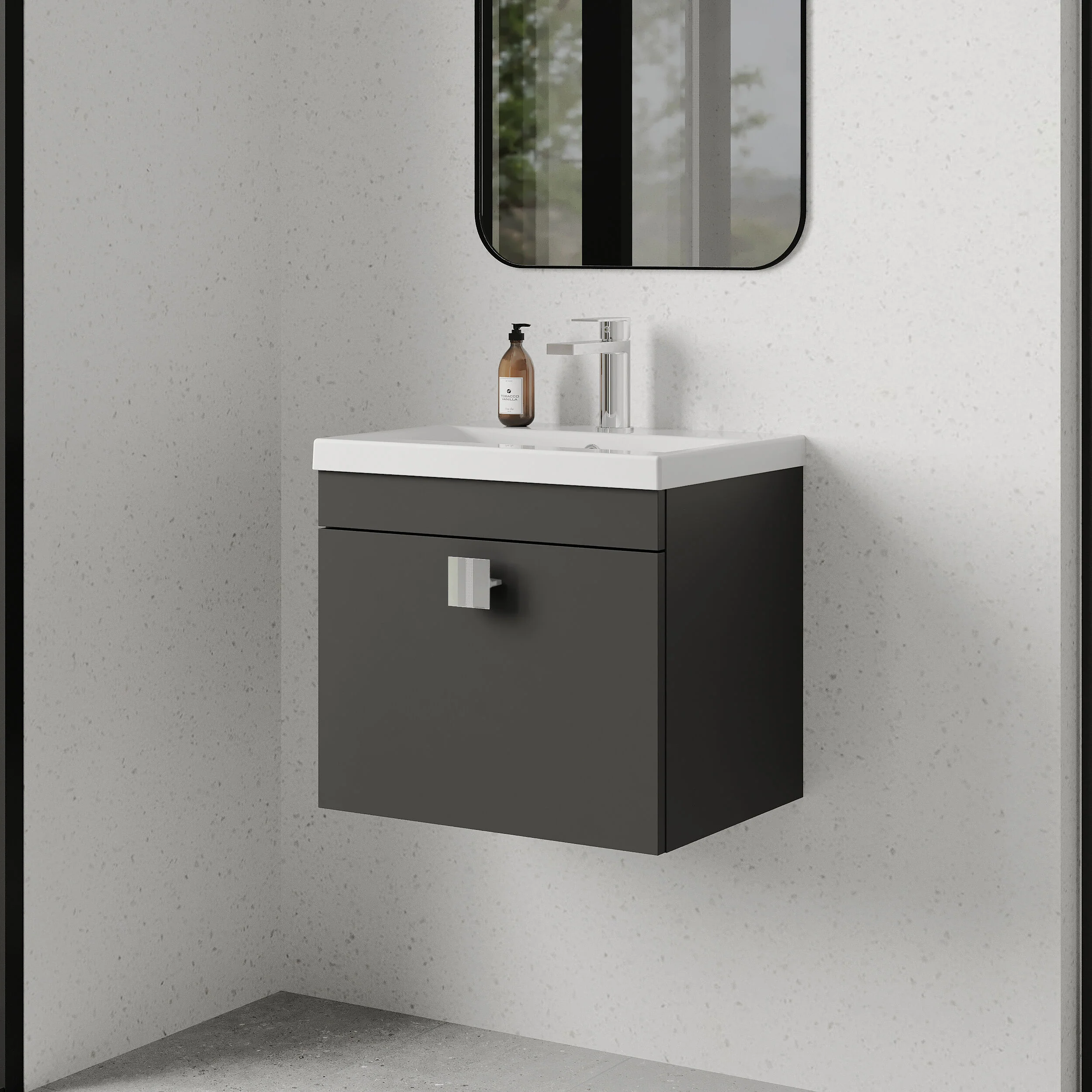 Rio 1 Drawer Wall Hung Vanity Basin Unit - 500mm - Gloss Grey with Chrome Square Handle (Tap Not Included) - Image 4