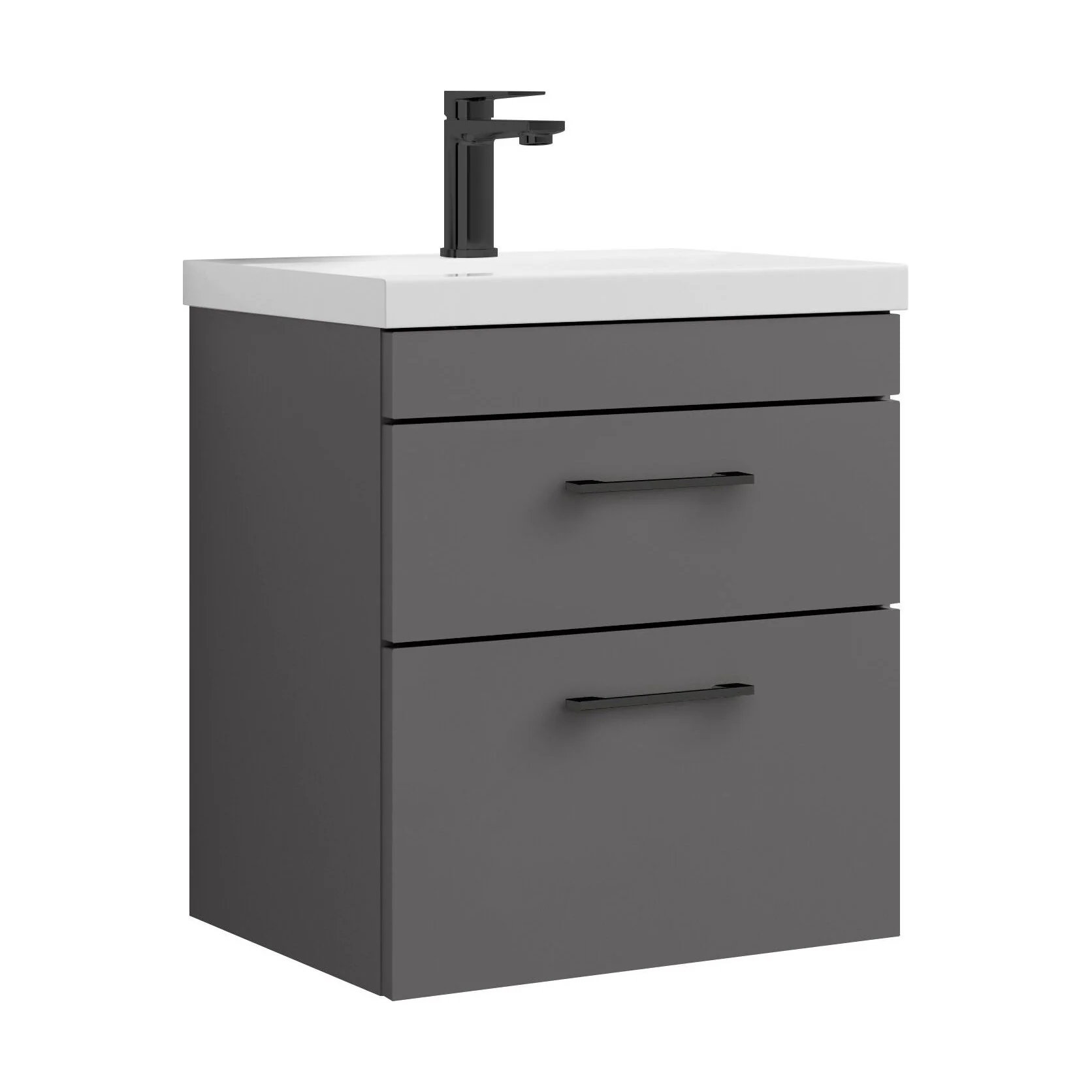 Rio 2 Drawer Wall Hung Vanity Basin Unit - 500mm - Gloss Grey with Square Black D-shaped handles (Tap Not Included) - Balterley