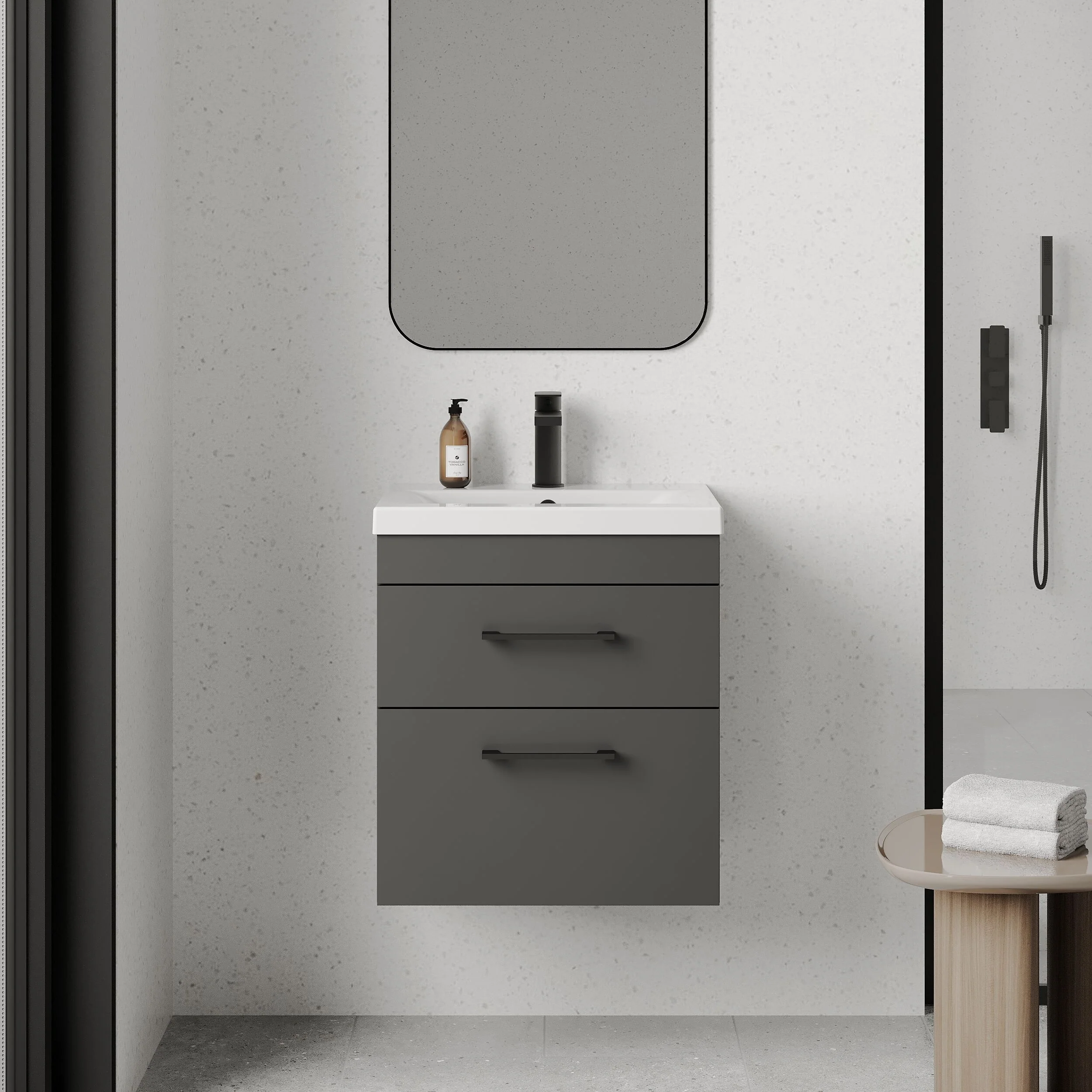 Rio 2 Drawer Wall Hung Vanity Basin Unit - 500mm - Gloss Grey with Square Black D-shaped handles (Tap Not Included) - Balterley - Image 2