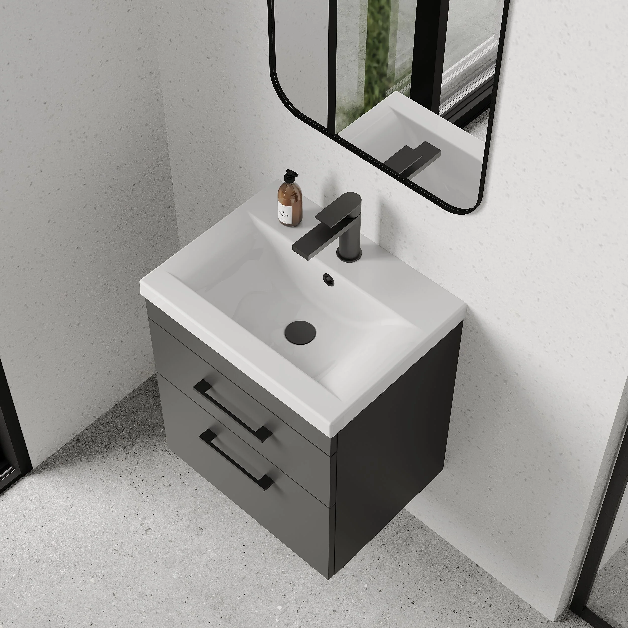 Rio 2 Drawer Wall Hung Vanity Basin Unit - 500mm - Gloss Grey with Square Black D-shaped handles (Tap Not Included) - Balterley - Image 3