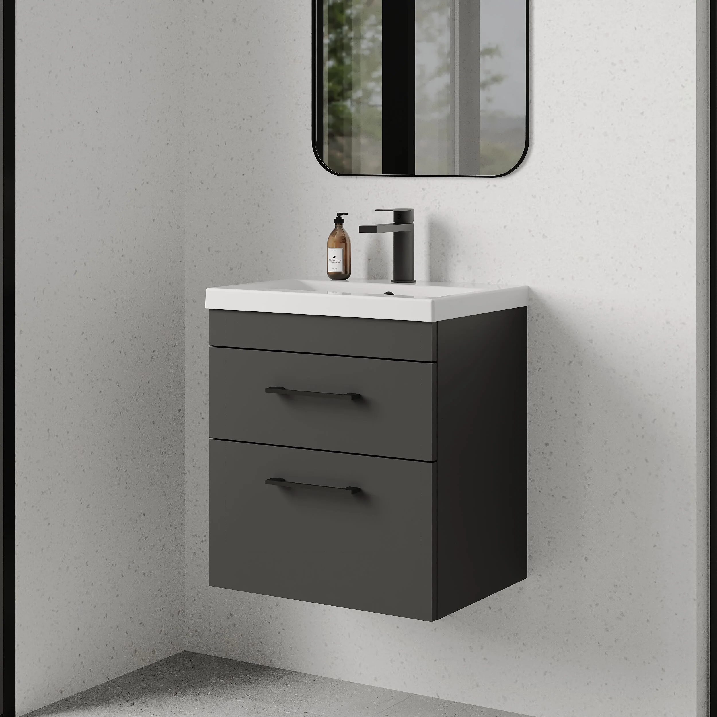 Rio 2 Drawer Wall Hung Vanity Basin Unit - 500mm - Gloss Grey with Square Black D-shaped handles (Tap Not Included) - Balterley - Image 4